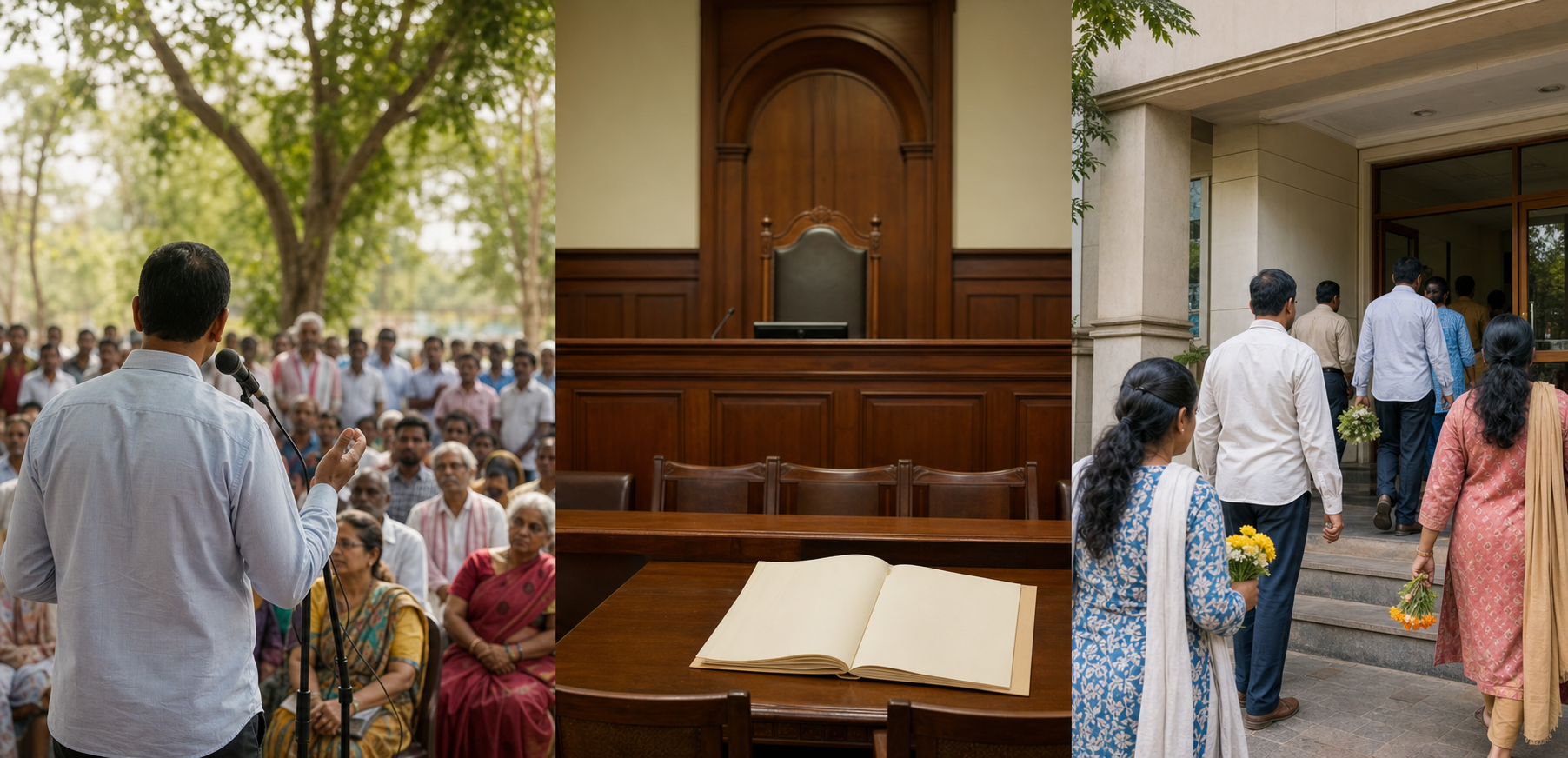A public gathering, an empty judicial bench, and a government office appear side by side to represent three different legal forums.