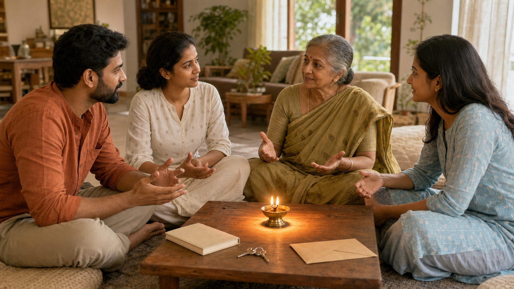Four family members discuss a household decision around a table lit by a brass lamp with two flames.