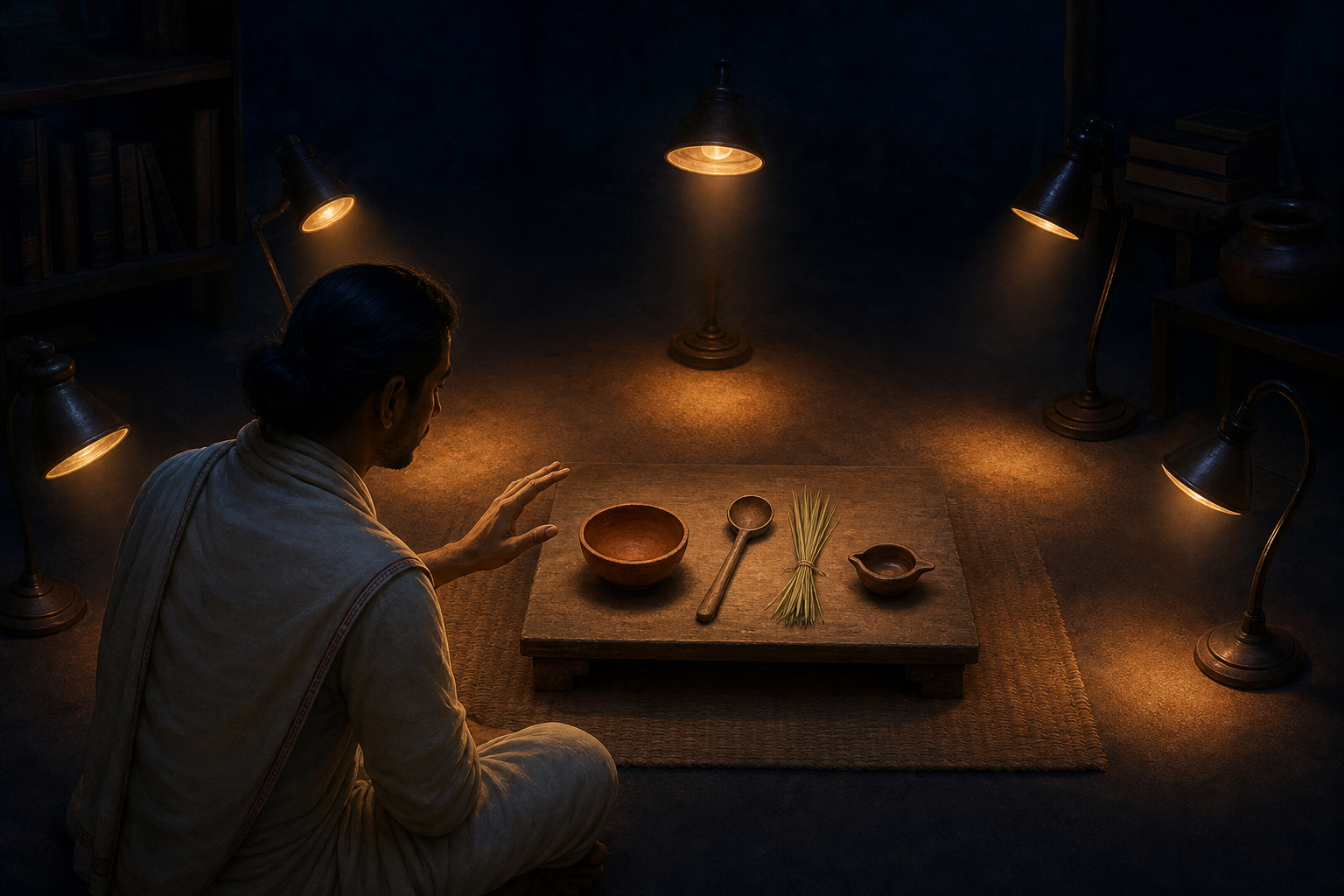 A scholar examines one ritual arrangement as five lamps illuminate it from different directions.