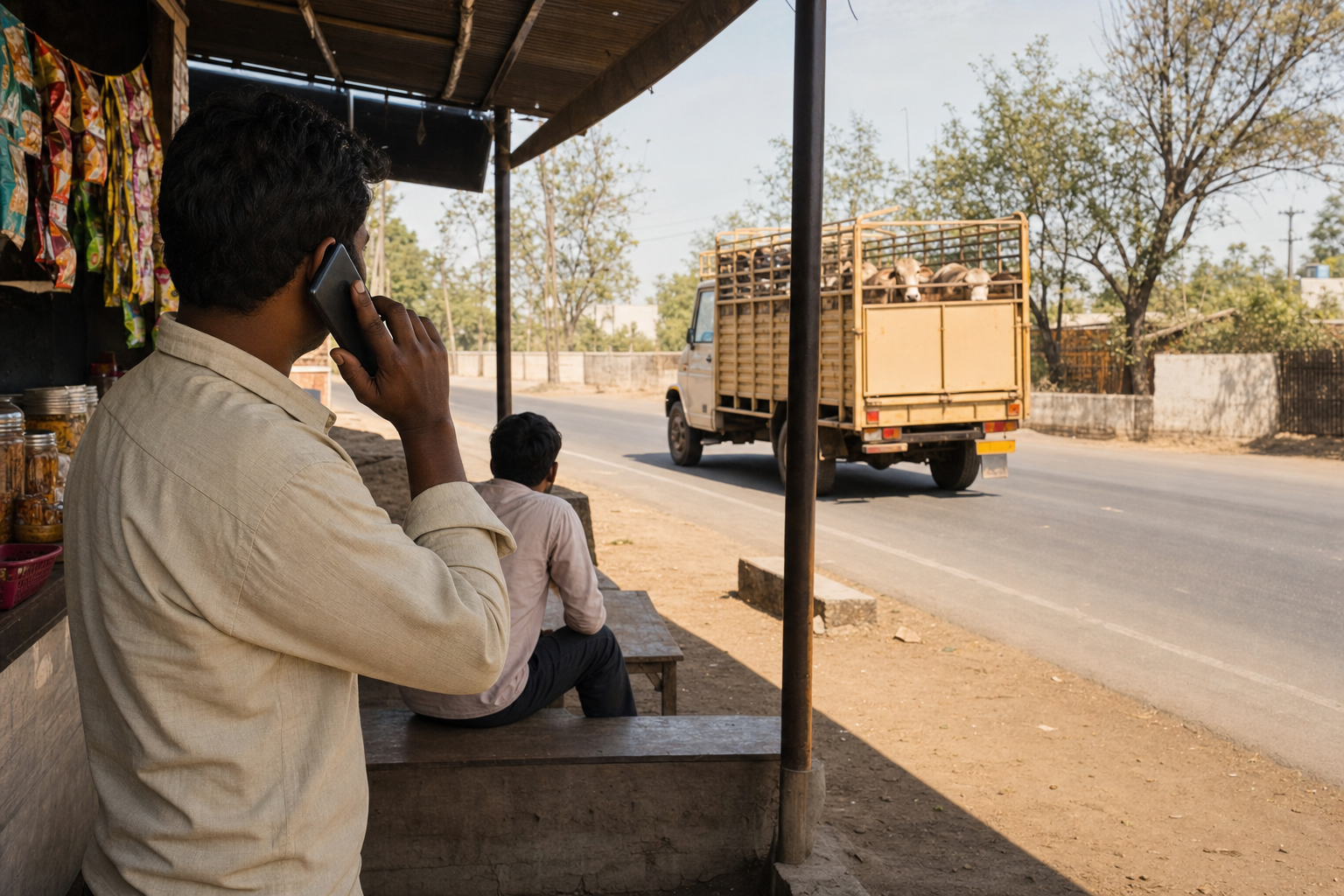 A person calls authorities from a safe roadside location while observing a cattle vehicle without approaching it.