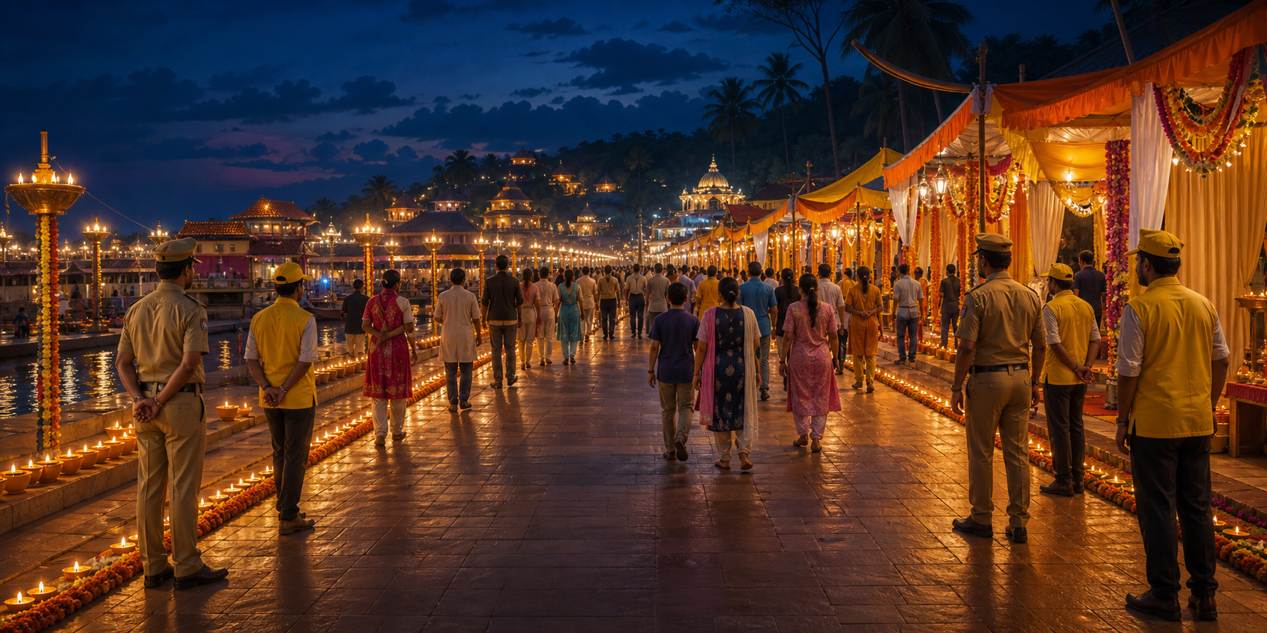 Families walk through a lantern-lit yatra mela while volunteers and police calmly maintain a clear, orderly festival route.