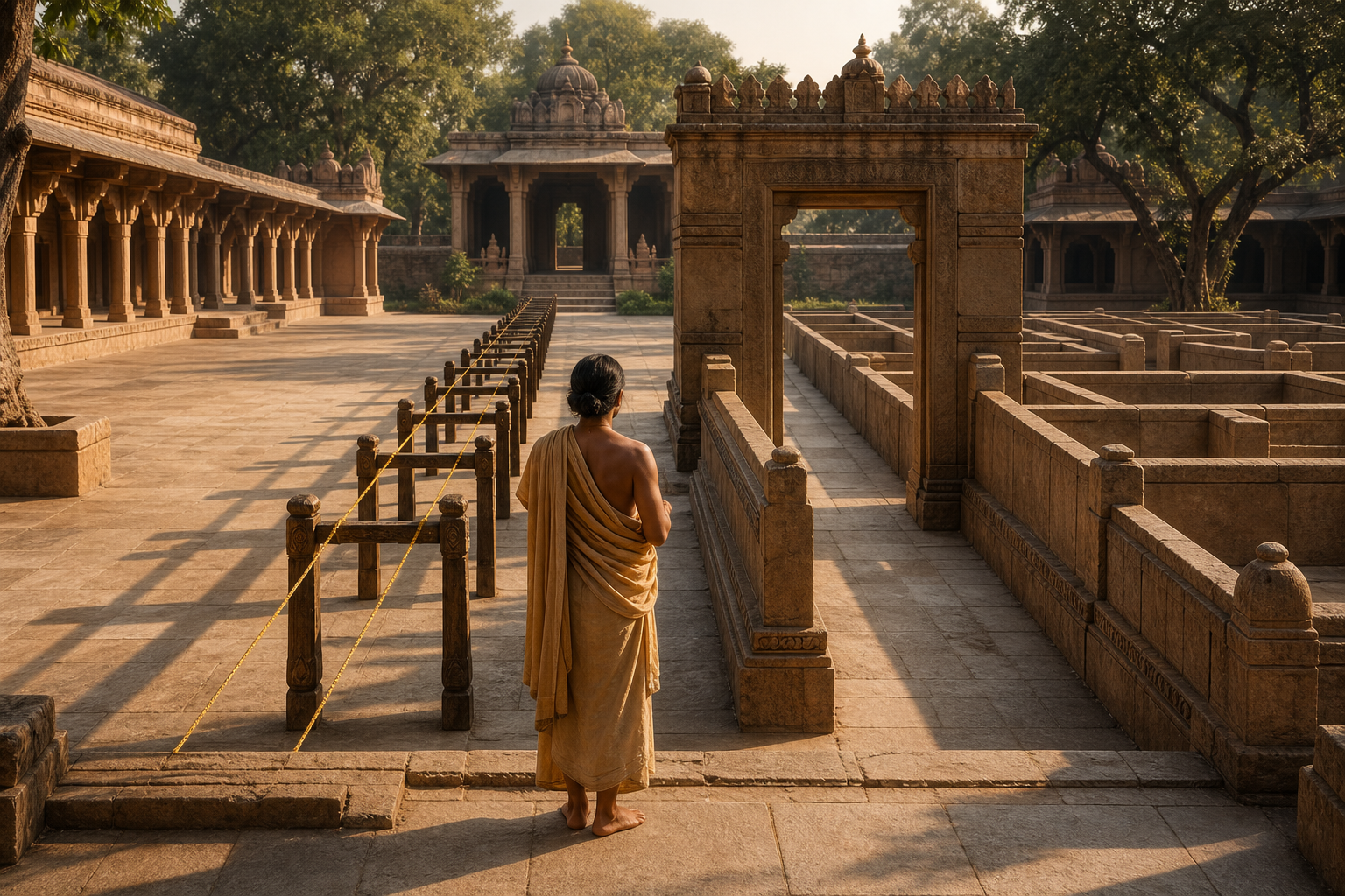 A scholar compares an open path carrying a continuous golden cord with a neighboring path narrowed by a stone gateway.