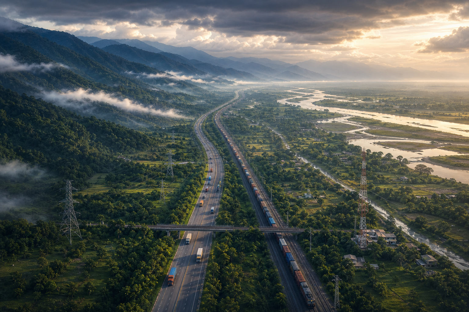 Aerial editorial illustration of roads, railway lines and utility links crossing the narrow Siliguri plain between Himalayan foothills and riverine lowlands.