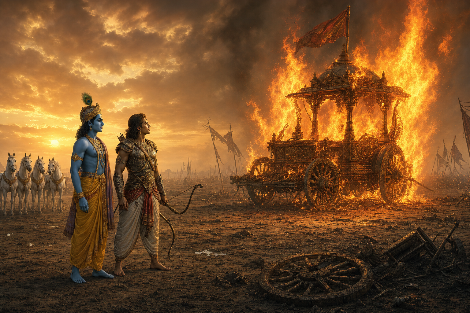 Krishna and Arjuna stand safely on the Kurukshetra battlefield as their empty war chariot burns after the fighting has ended.