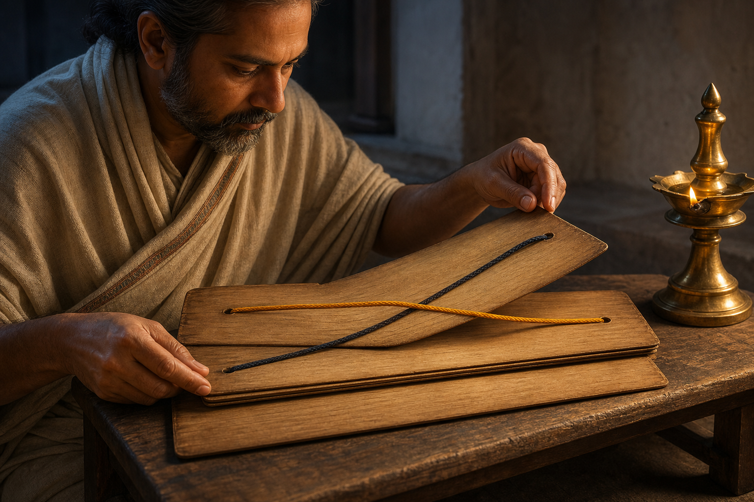 A scholar lifts a blank palm-leaf folio to reveal that an apparently conflicting golden cord continues underneath it.