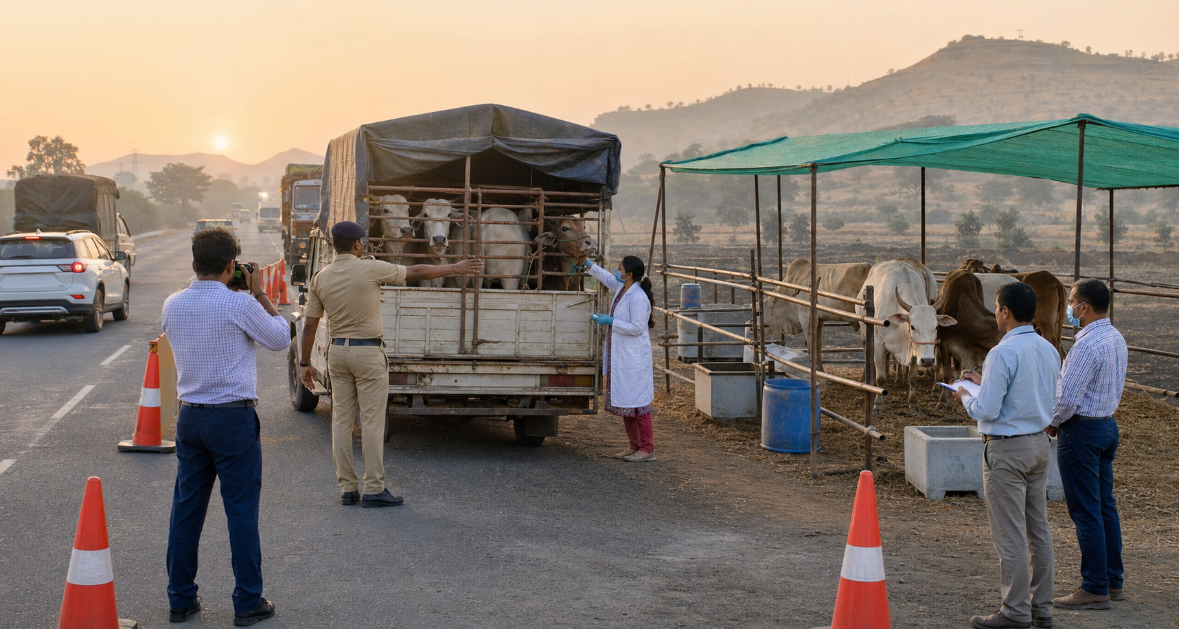 Police, transport staff, and a veterinary team operate an organized cattle-transport checkpoint with a shaded holding area near Akola.