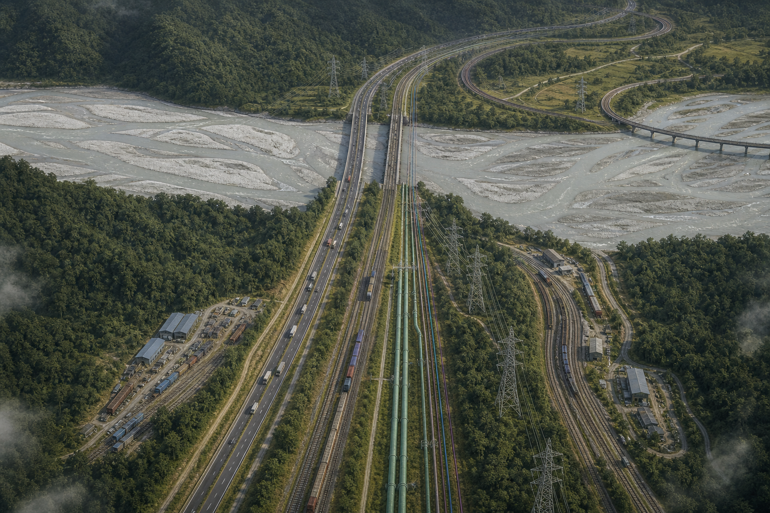 Top-down illustration of transport, power, fuel and communication links converging through a narrow landscape between hills and a braided river.