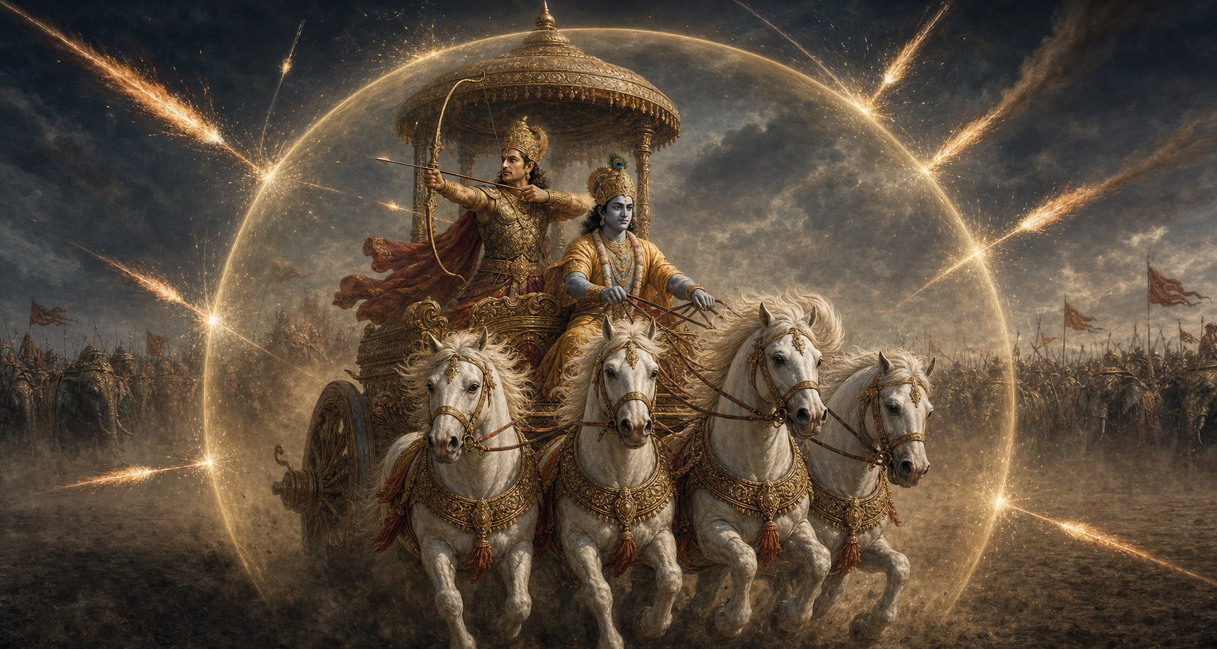 Krishna drives Arjuna's chariot through battle while a subtle golden radiance holds back fiery weapons striking around it.