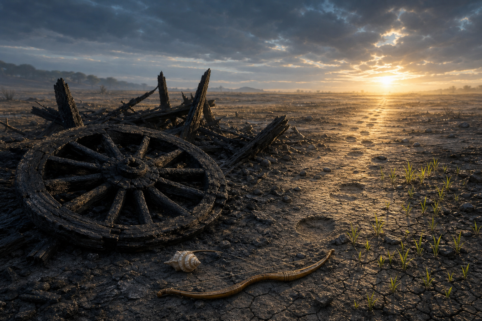 The burned remains of a chariot lie beside a bow and conch shell as green shoots emerge in the light of dawn.