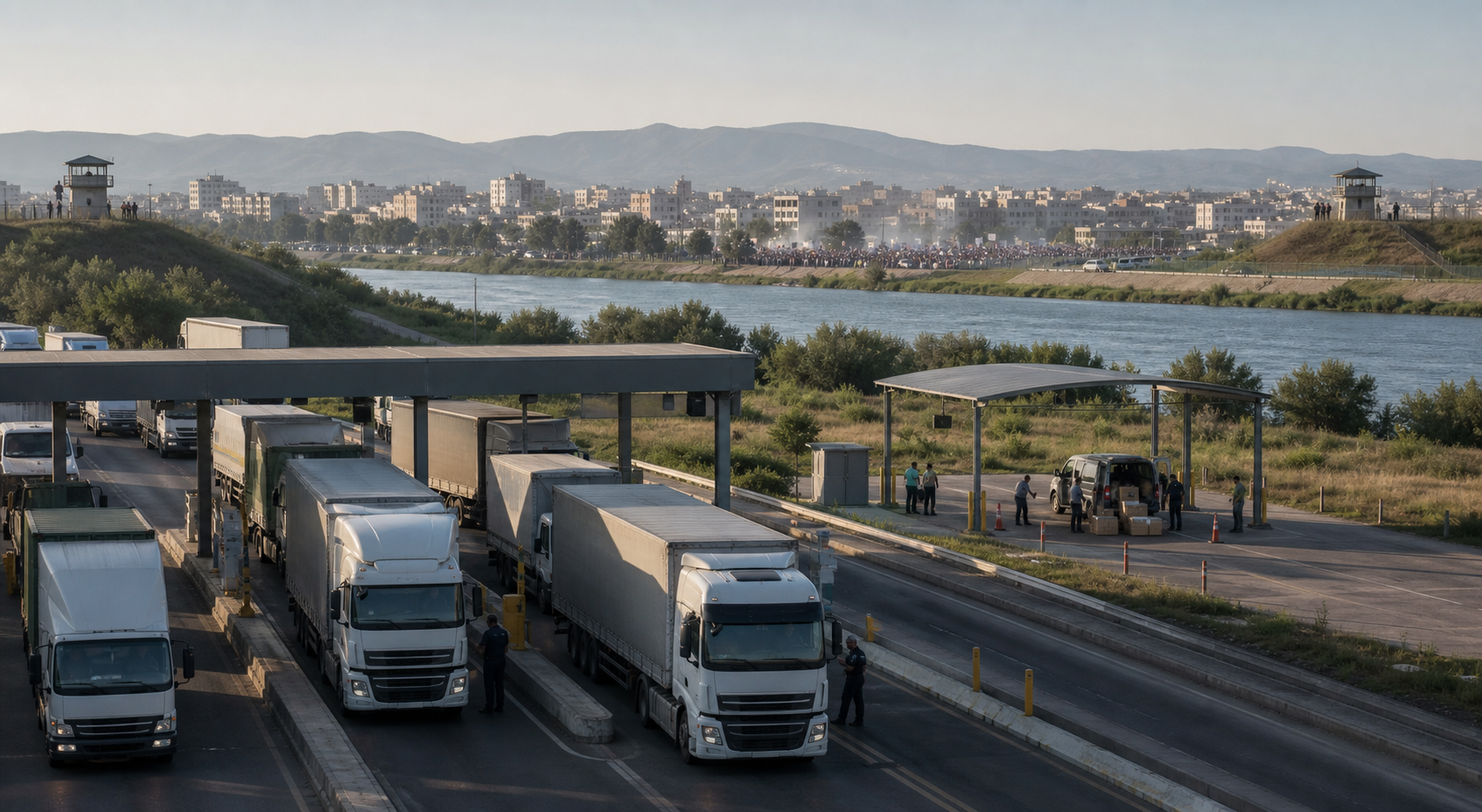Layered border scene showing routine freight, a vehicle inspection, distant civil unrest and separate patrol observation posts at increasing distances.