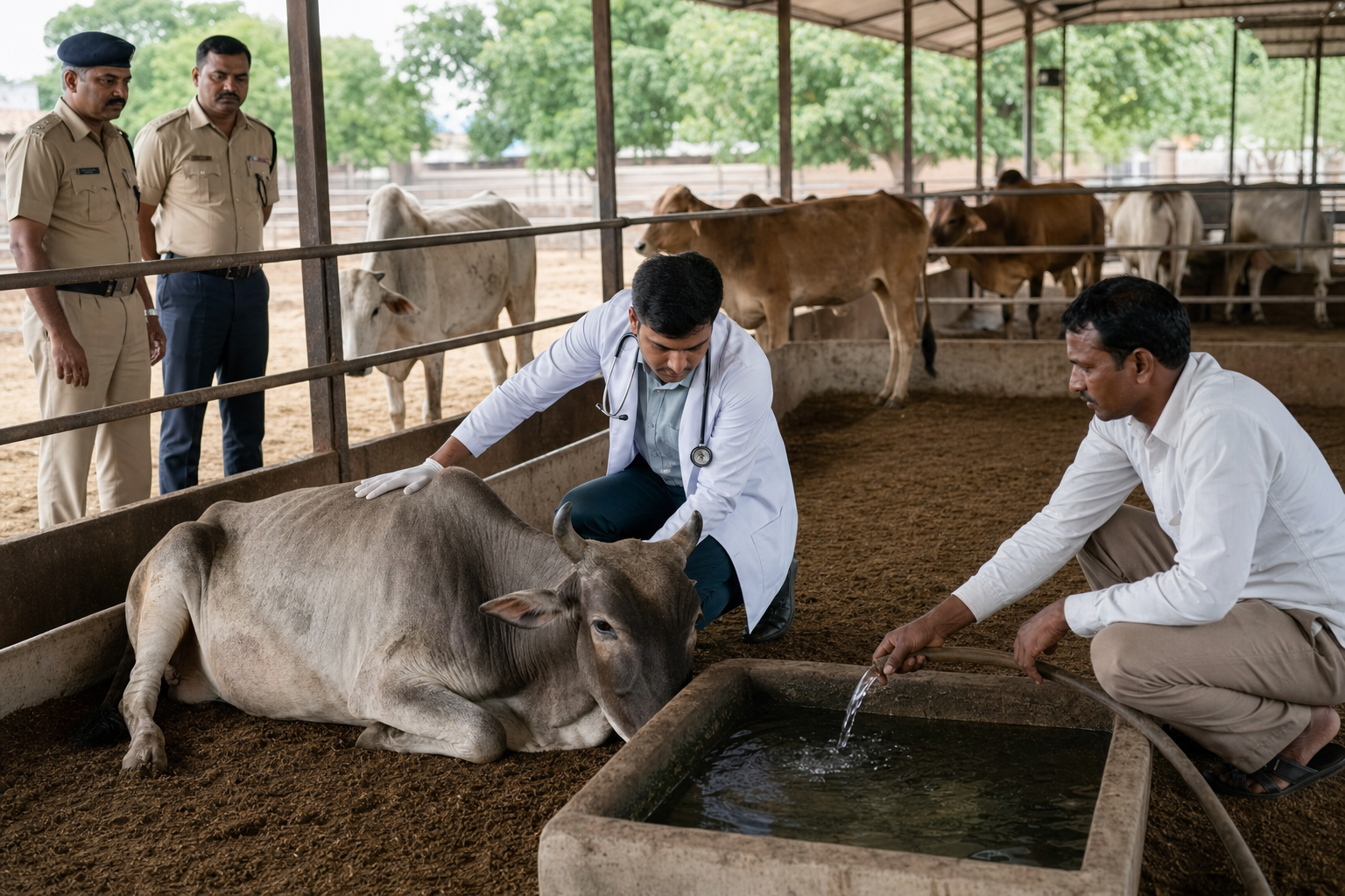 A veterinarian examines a cow beside a water trough while other cattle rest in a shaded holding pen under official supervision.