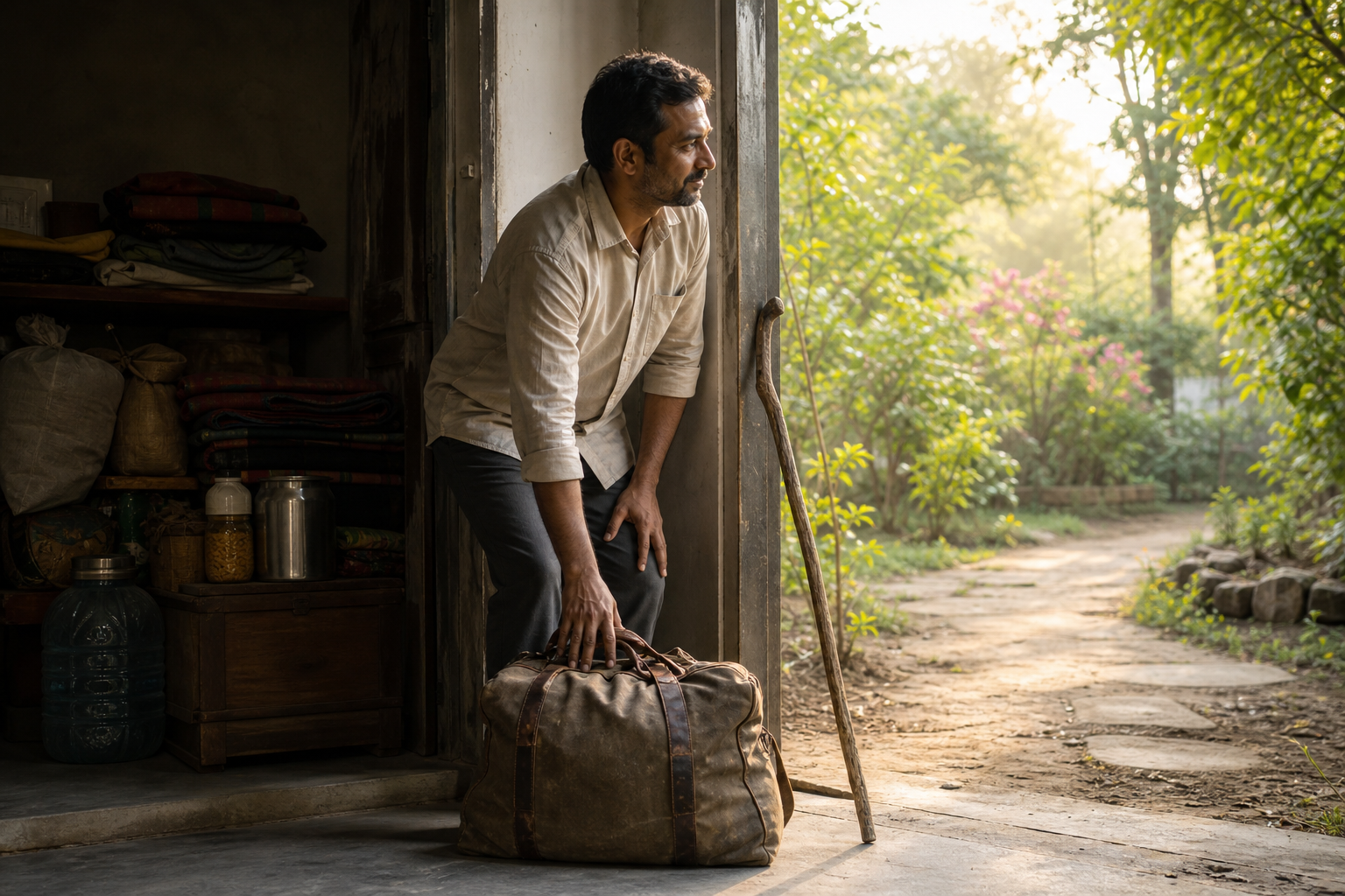 A person leaves a worn travel bag and cracked walking staff by a doorway before stepping onto a sunlit garden path.