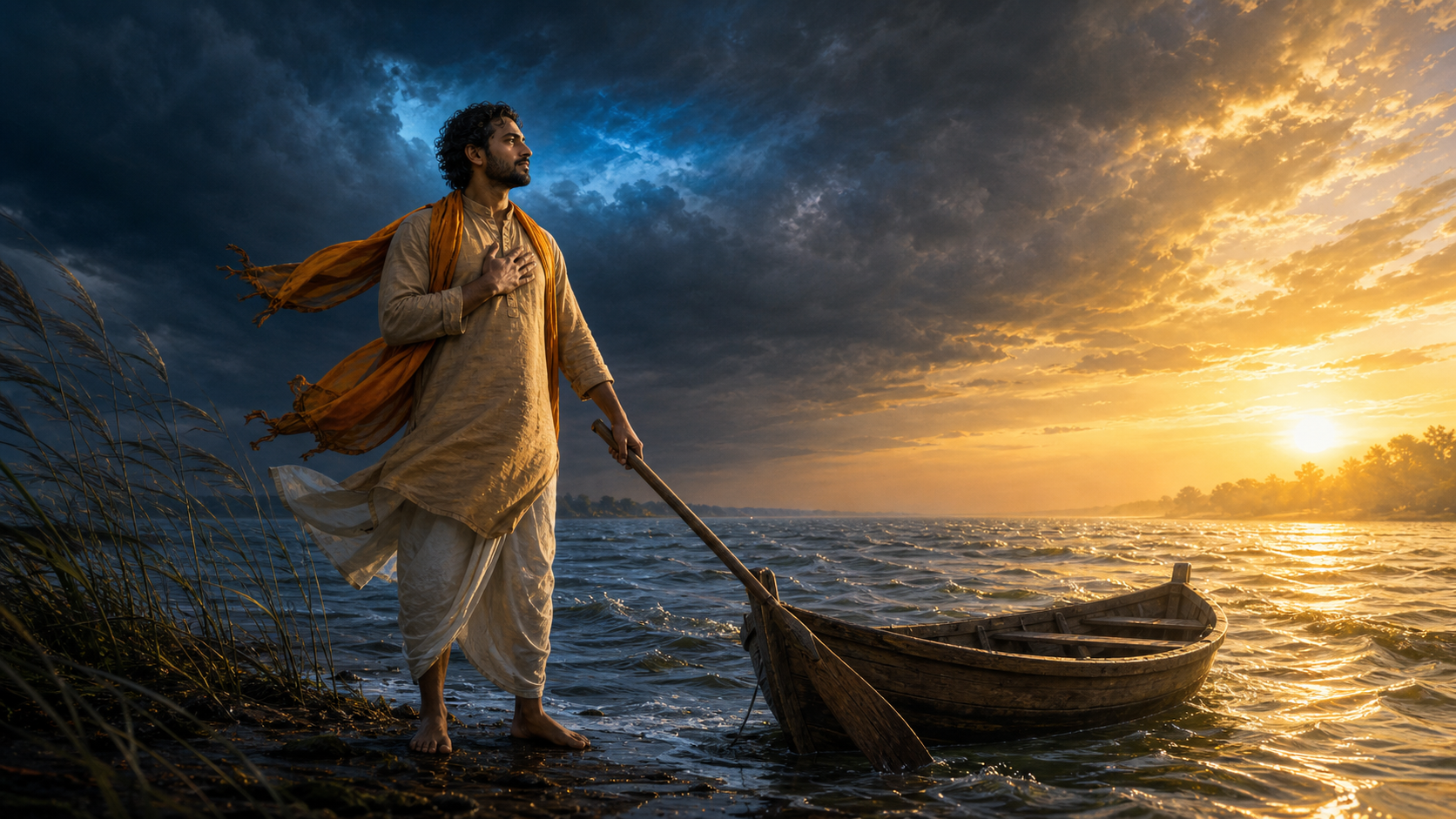 A calm person on a stormy riverbank holds an oar while placing one hand over the heart as dawn light breaks through the clouds.