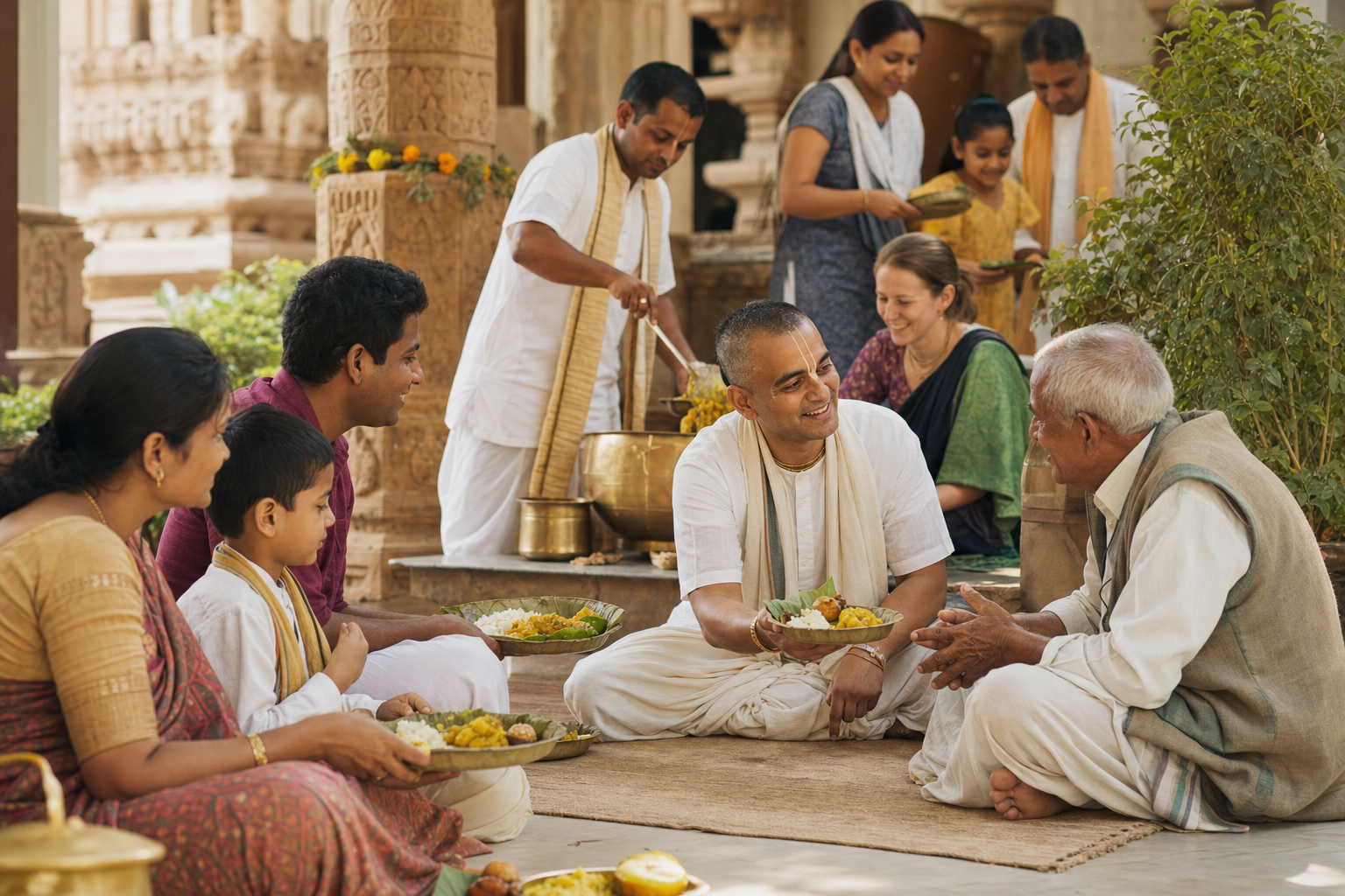 A Vaishnava community leader serves prasadam beside volunteers while listening to an elderly guest in a temple courtyard.