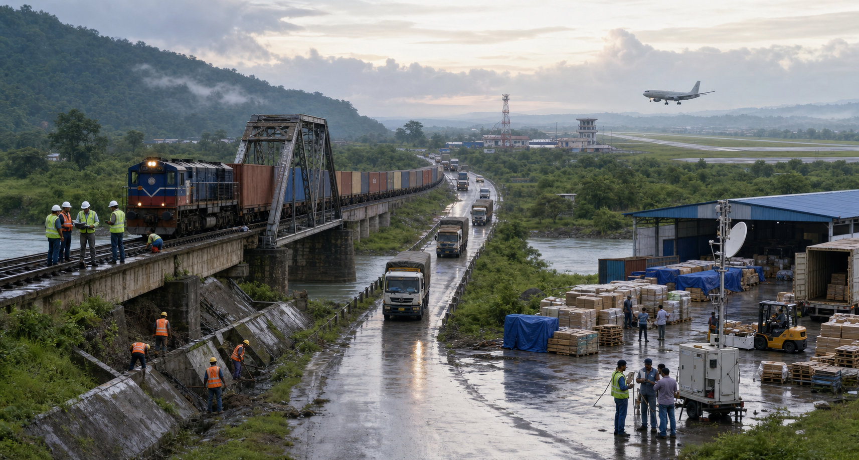 Engineers and logistics crews maintain a bridge, railway, alternate road and supply depot along a rain-soaked transport corridor.