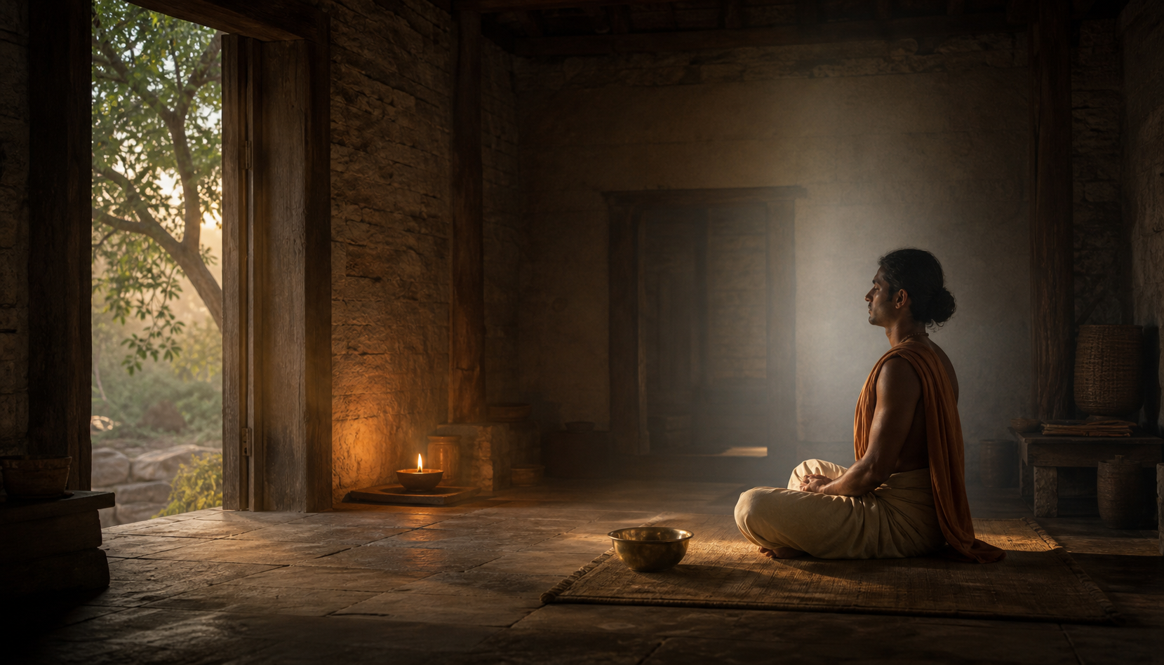 A seated practitioner meditates in a forest hermitage surrounded by six progressively quieter layers of light and space.