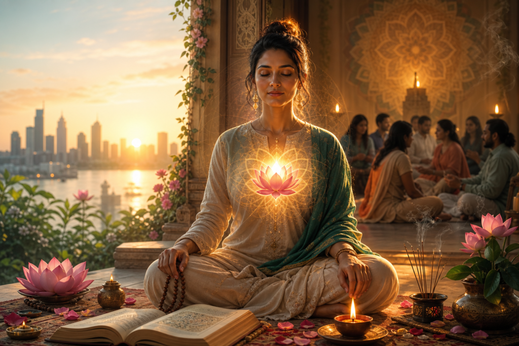 South Asian woman meditating with a glowing lotus heart in a temple at dawn.
