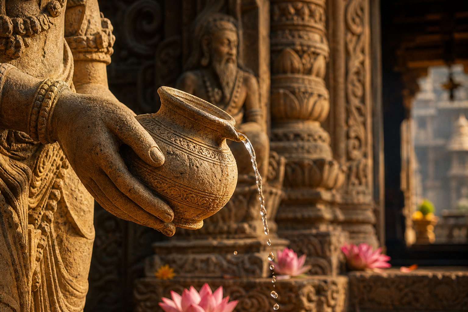 Sandstone Hindu temple sculpture holding a kundika as sacred water pours beside lotus offerings