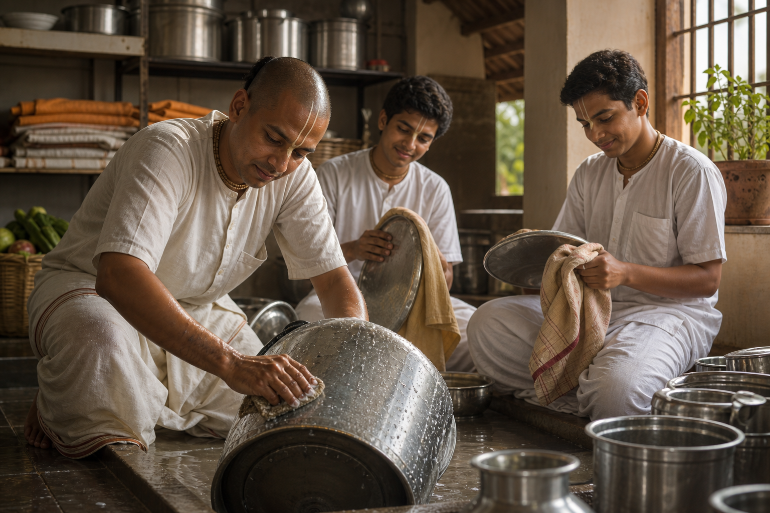 A Vaishnava coordinator kneels to wash a large cooking pot alongside two volunteers in a community kitchen.