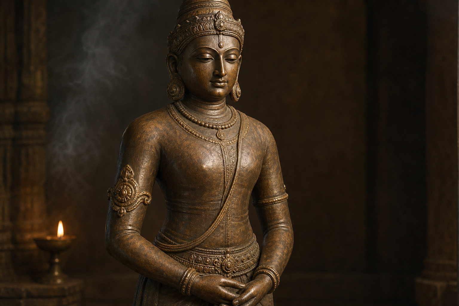 Bronze sacred figure wearing an ornate lotus-patterned armlet high on the upper arm in a softly lit alcove.