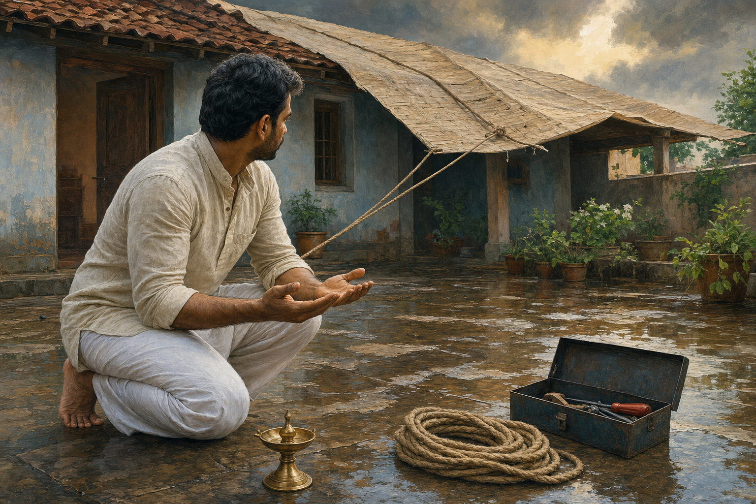 A person pauses beside a brass lamp before using rope and tools to secure a rain-damaged roof covering in a wet courtyard.