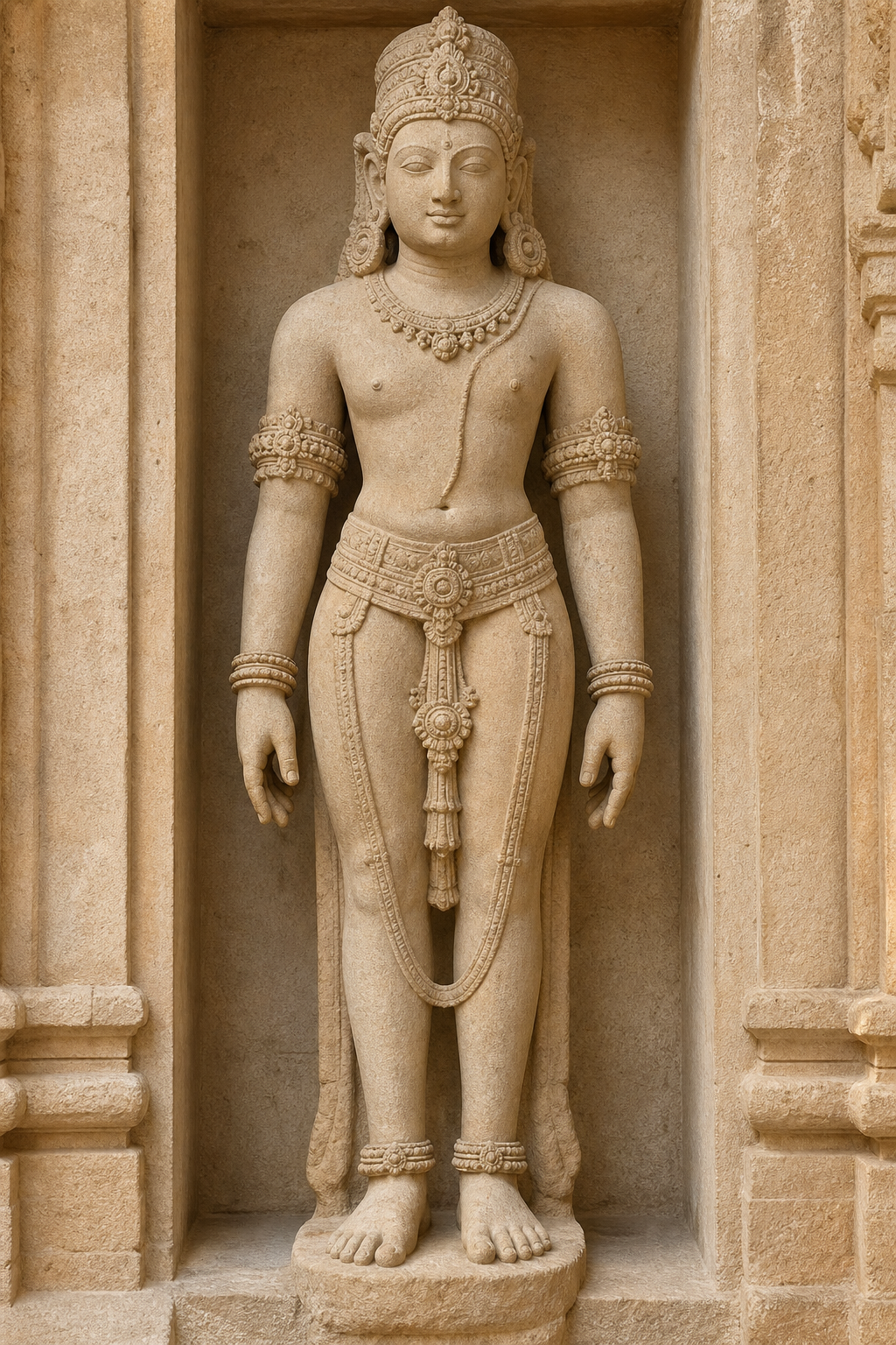 Full-length sandstone figure with armlets on the upper arms, bangles at the wrists, a necklace, waist ornaments, and anklets.