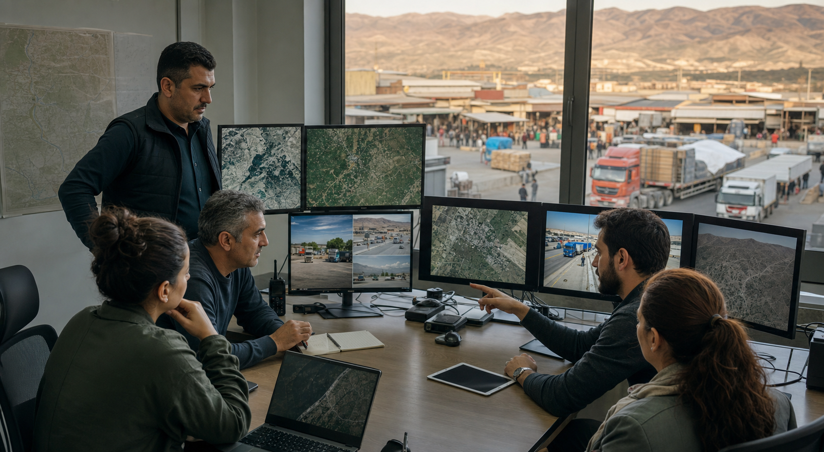 Civilian analysts and security personnel review unlabeled satellite and border imagery while cargo trucks and a market remain active outside.