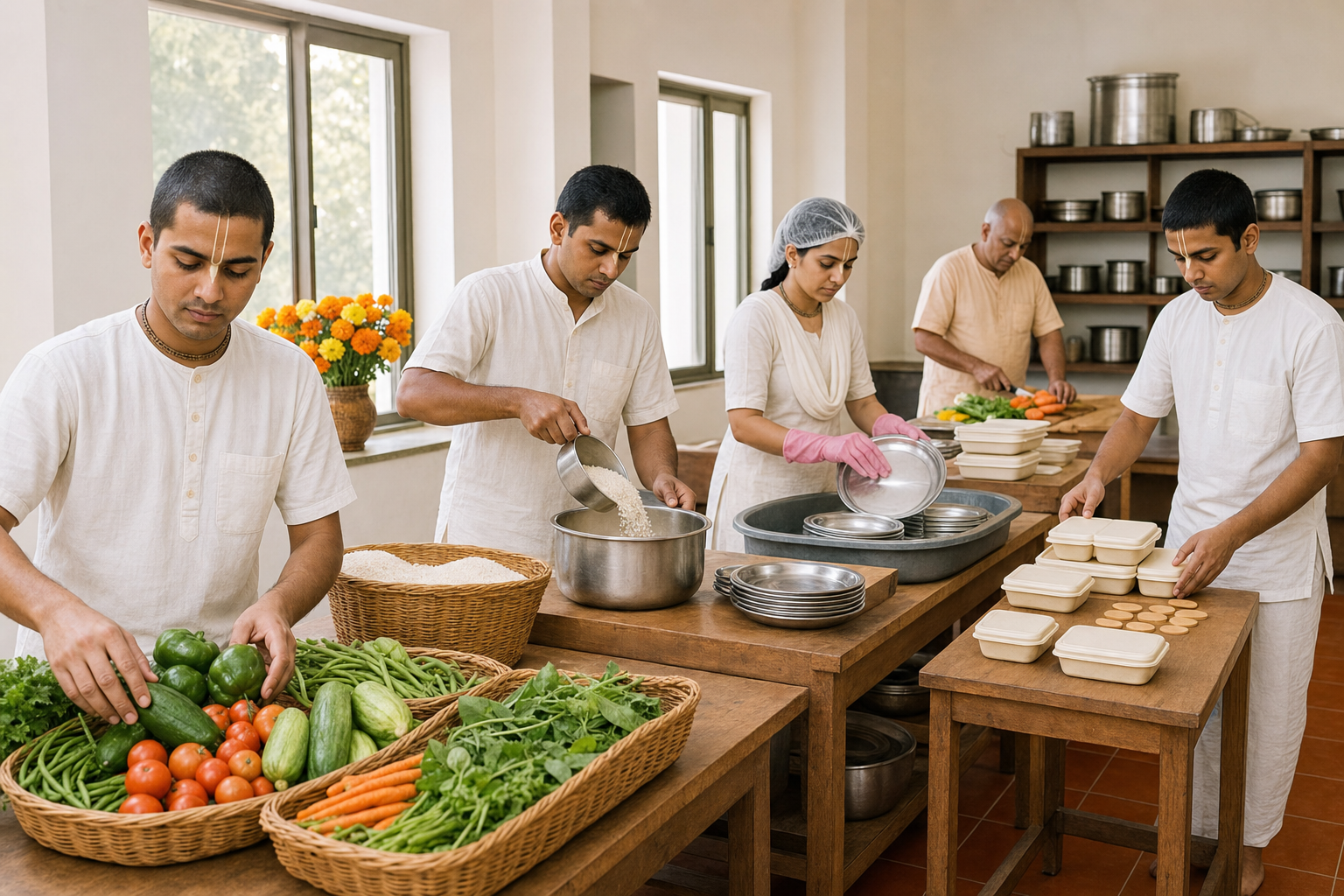 Volunteers sort ingredients, clean plates, and prepare meal containers with a Vaishnava leader in an orderly service room.