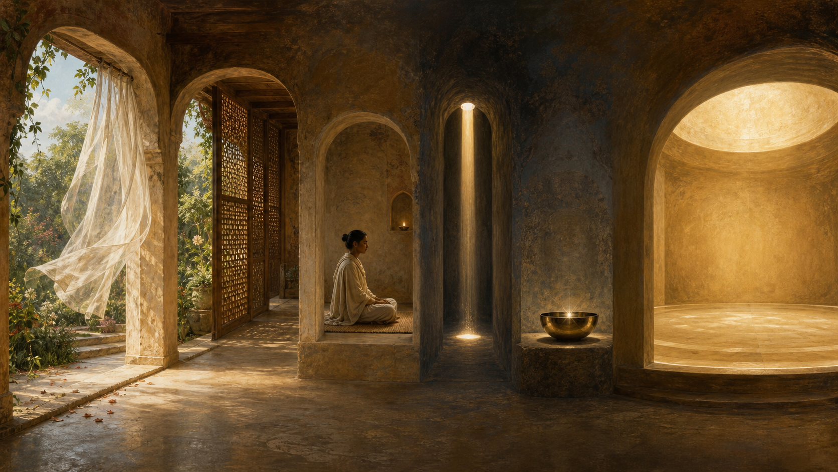 A practitioner moves through six connected spaces that become progressively quieter, simpler, and more brightly focused.