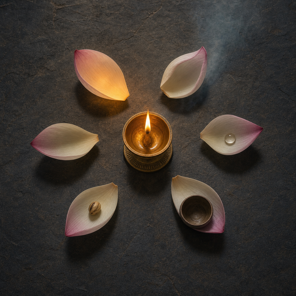 A steady brass oil lamp is surrounded by six lotus petals with small natural objects arranged on a stone surface.