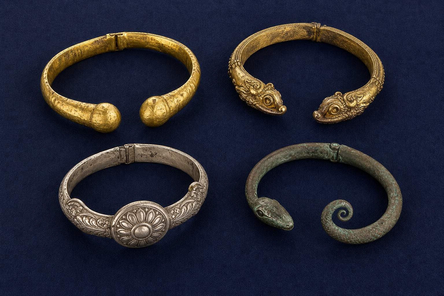 Four upper-arm ornaments in gold, gilded copper alloy, silver, and patinated bronze, each with a different shape and terminal design.