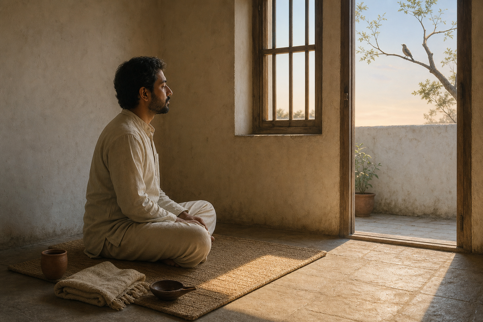 A practitioner sits upright on a folded mat in a simple room at dawn, with a clay cup and folded shawl nearby.