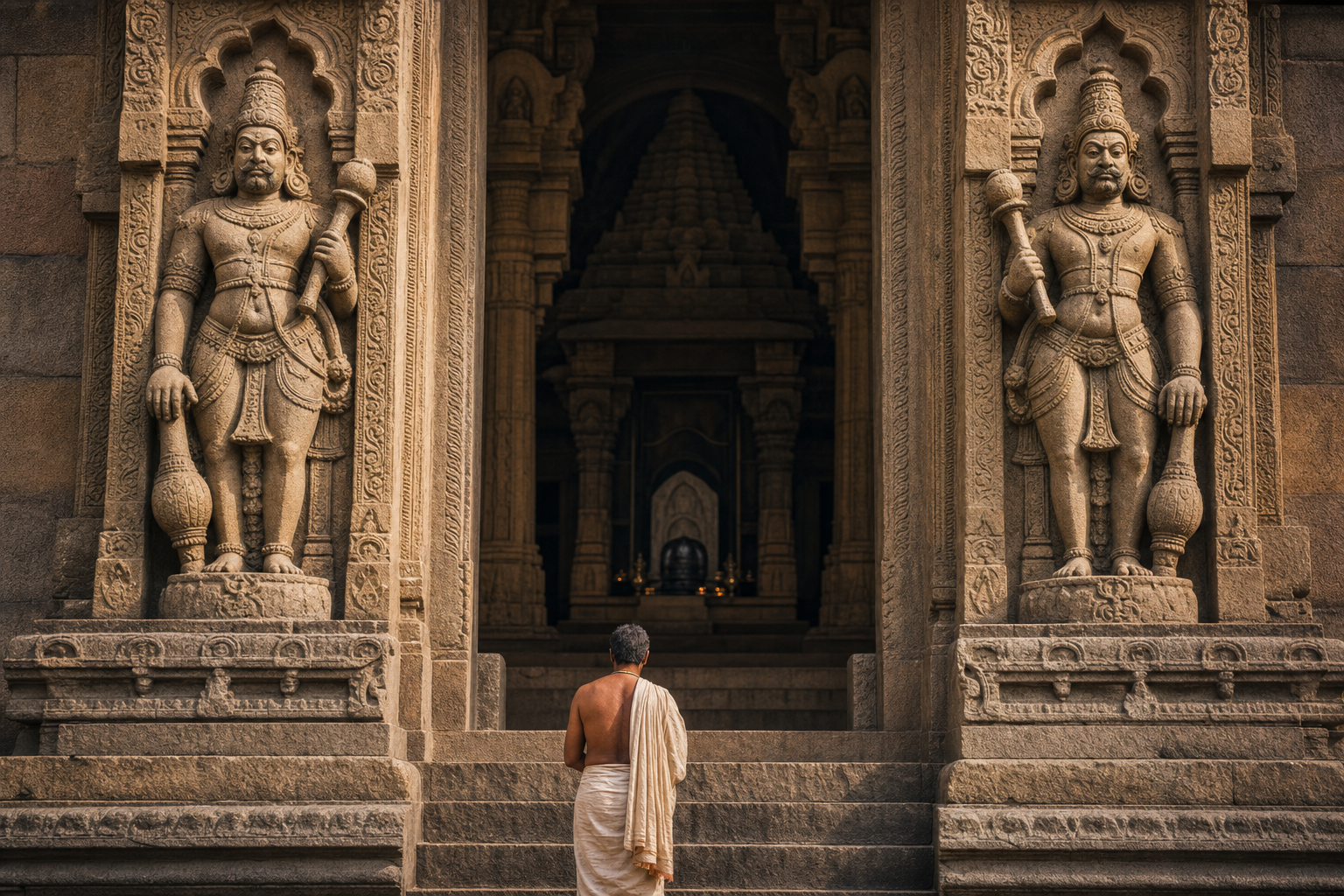 Two carved stone guardian figures flank a temple doorway as a devotee pauses before entering.