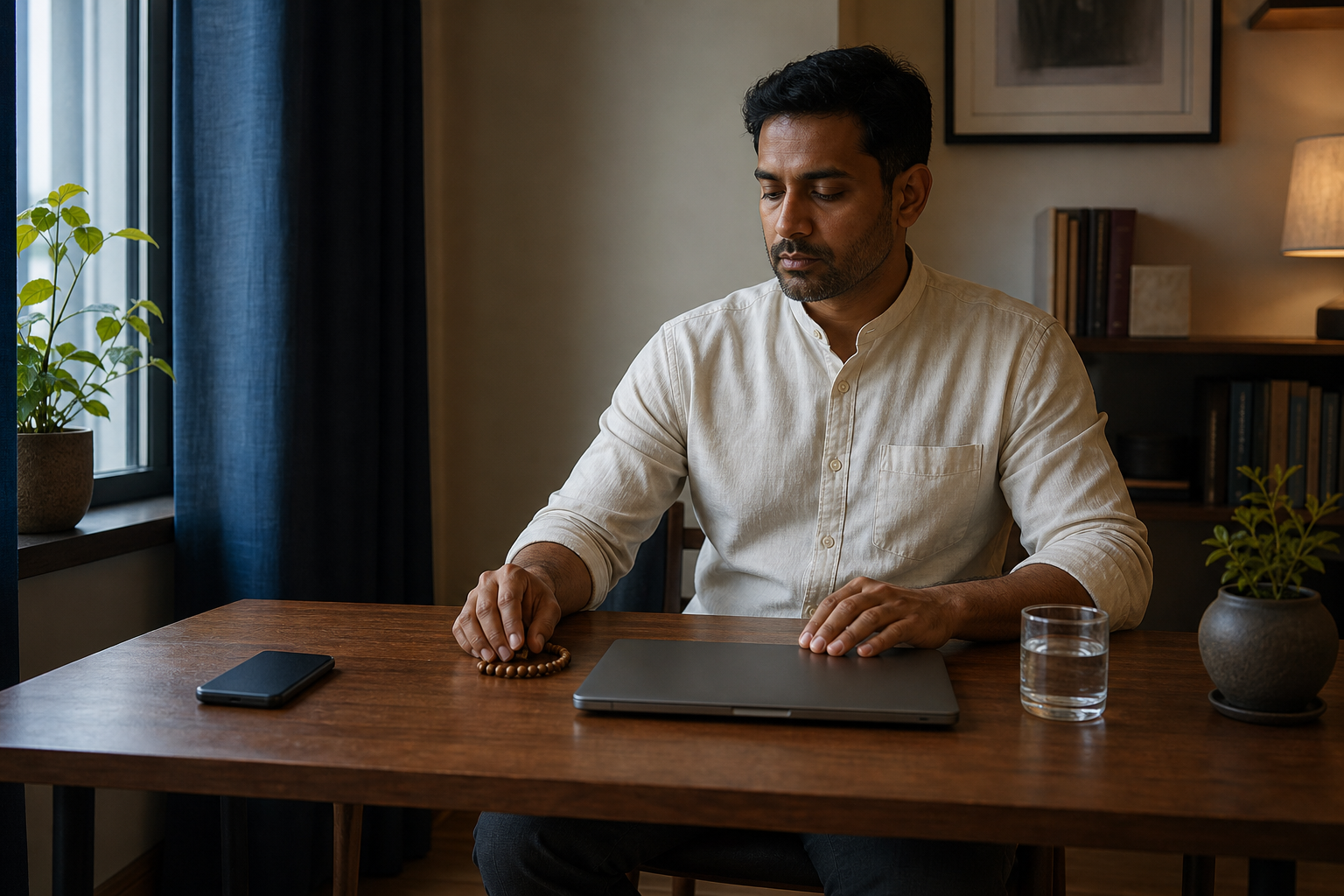 A person at a desk pauses calmly beside prayer beads after a phone notification interrupts the workday.