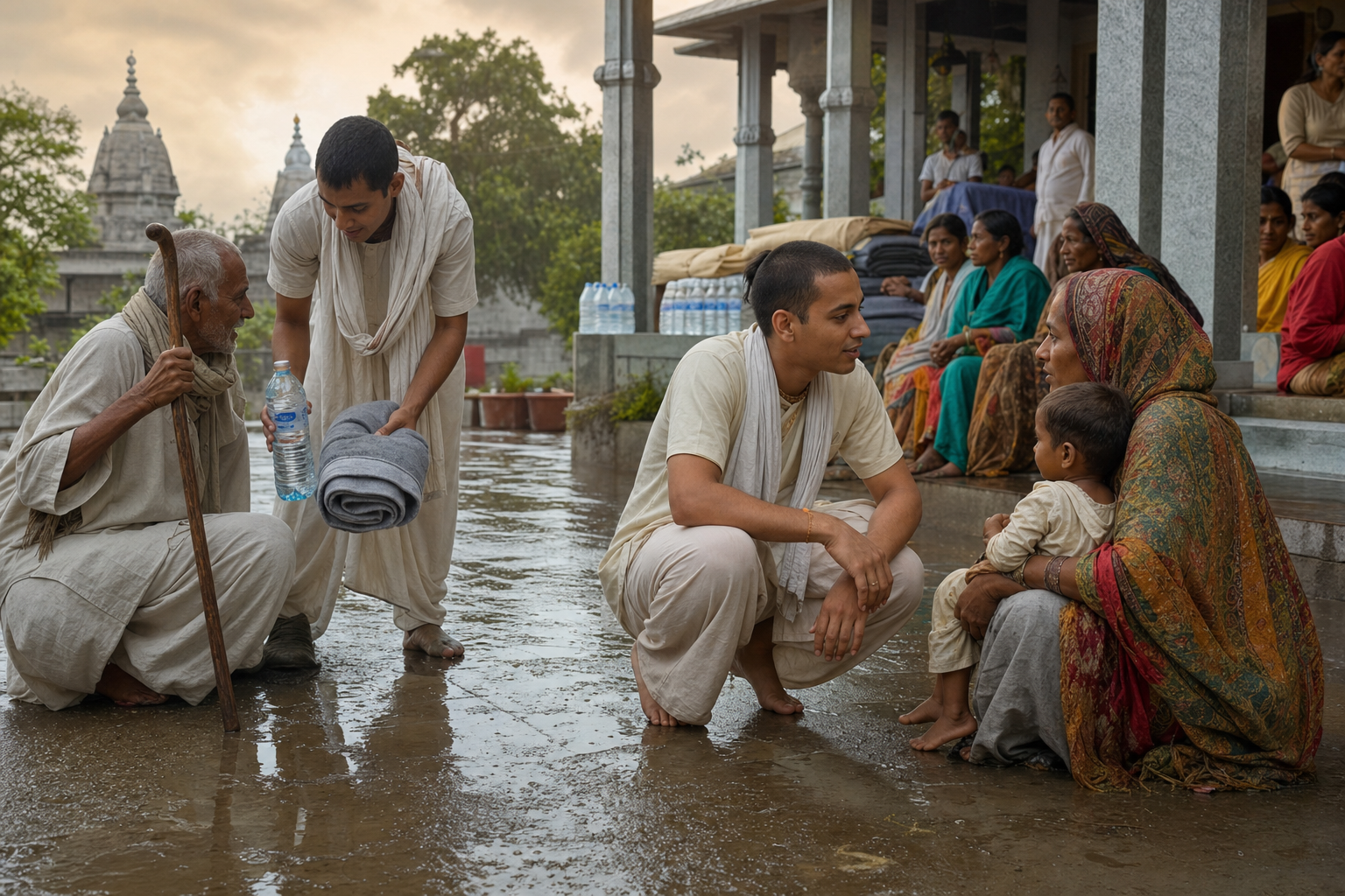A Vaishnava relief leader listens to a mother while volunteers bring water and a blanket to an elderly guest after heavy rain.