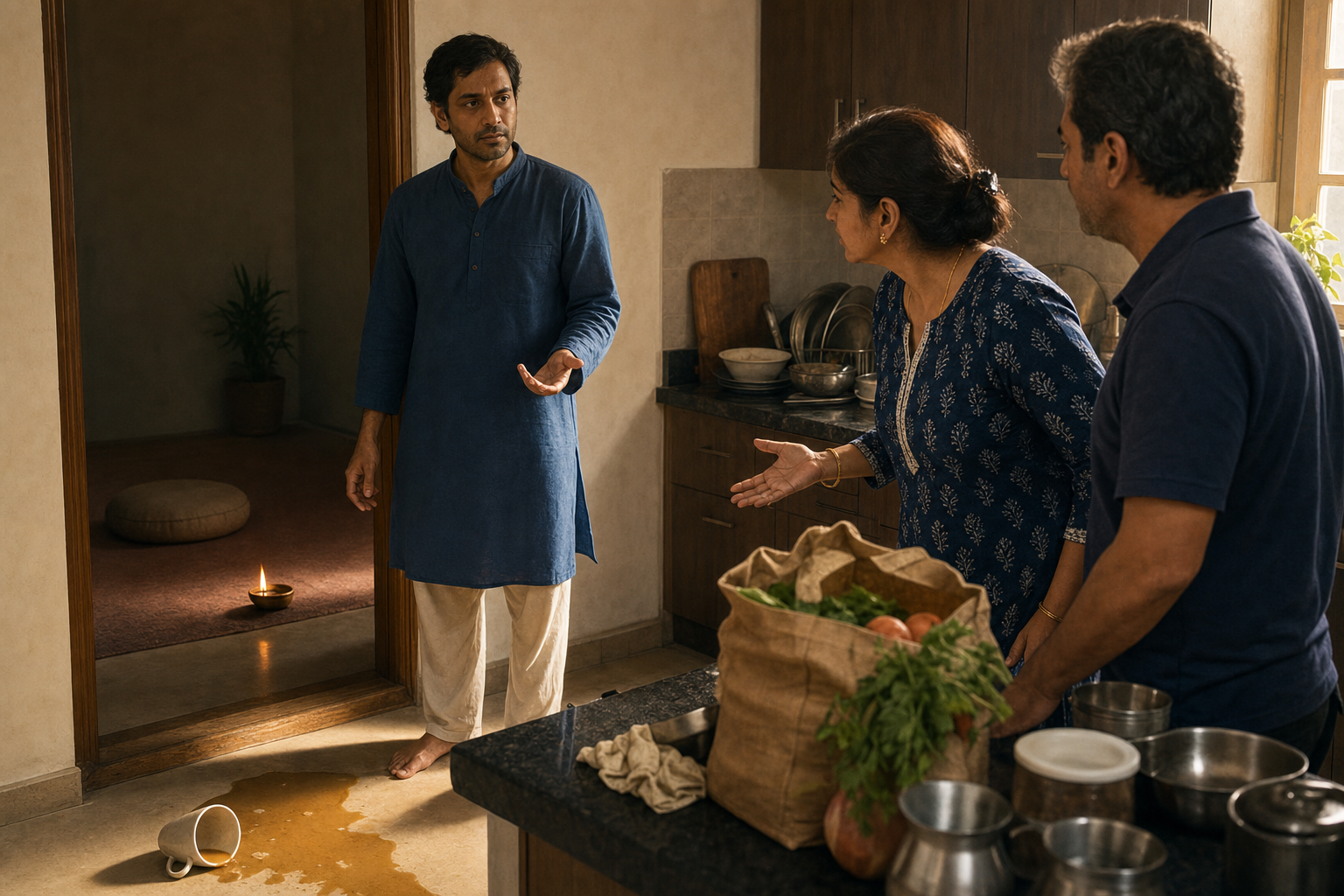 A practitioner pauses calmly between a home meditation alcove and a tense family moment in a busy kitchen after a cup has spilled.