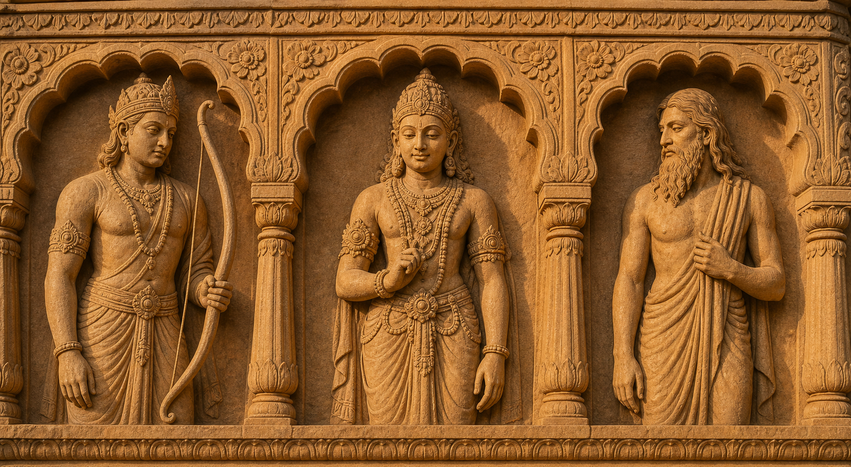 Sandstone frieze showing a crowned warrior with a protective arm band, a richly adorned divine figure with a floral armlet, and an unornamented ascetic.