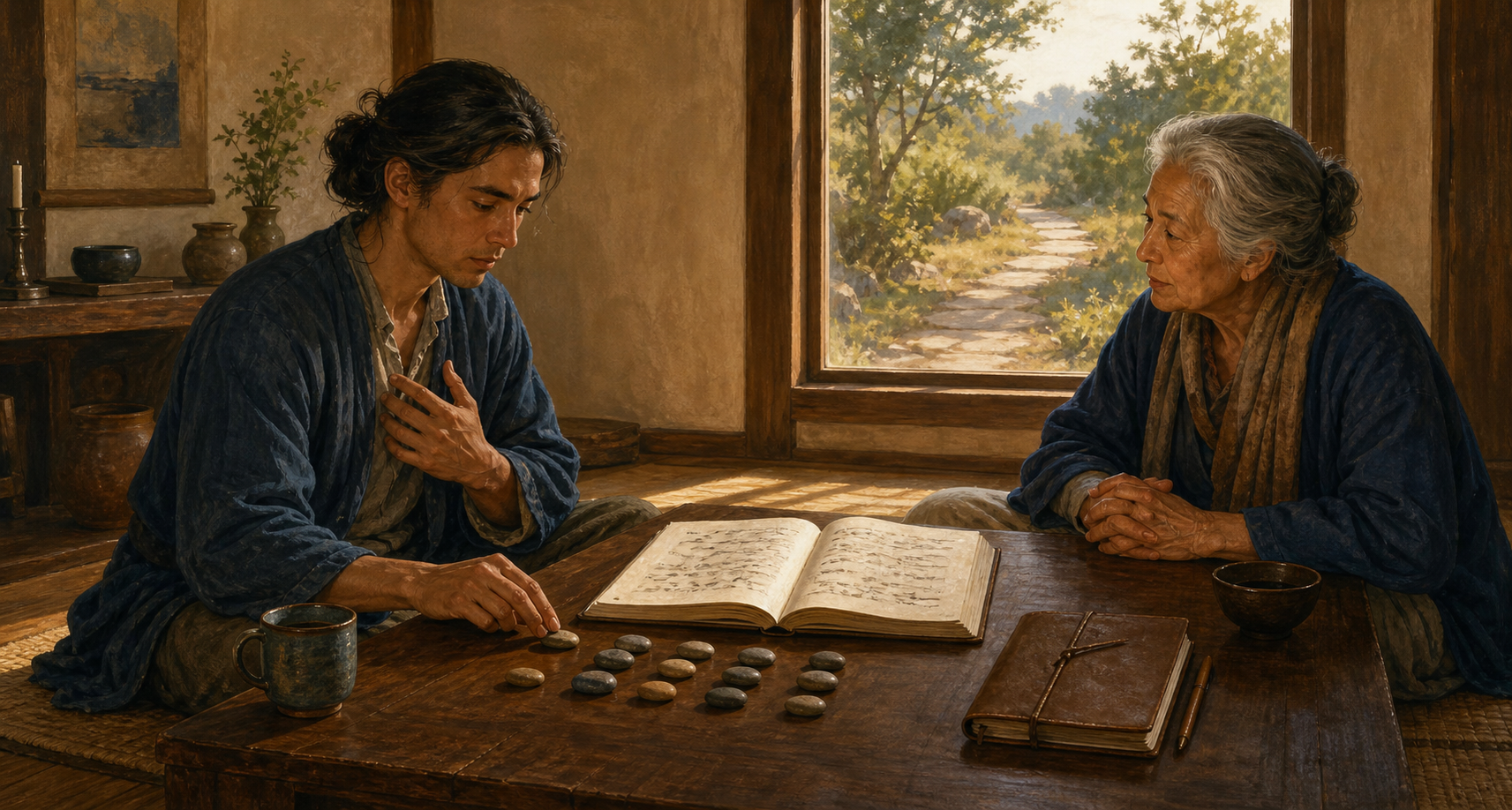 A practitioner reflects with an older mentor at a table holding an open book, a journal, and several counting stones.