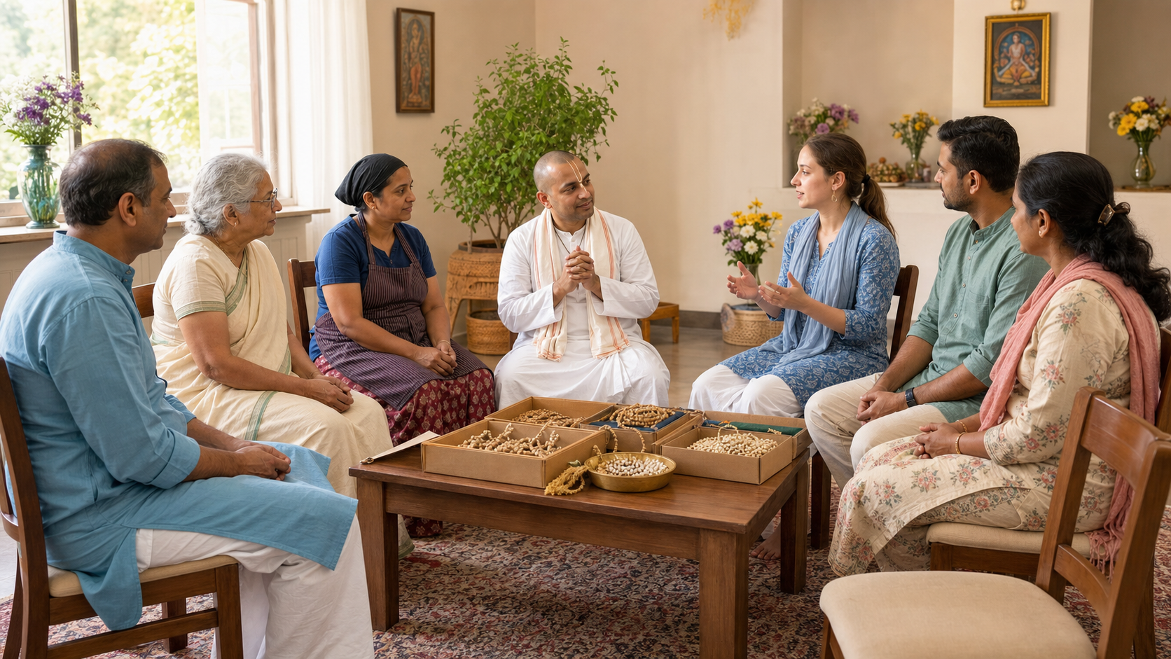 A Vaishnava leader listens within a circle as volunteers and community members review service resources together.