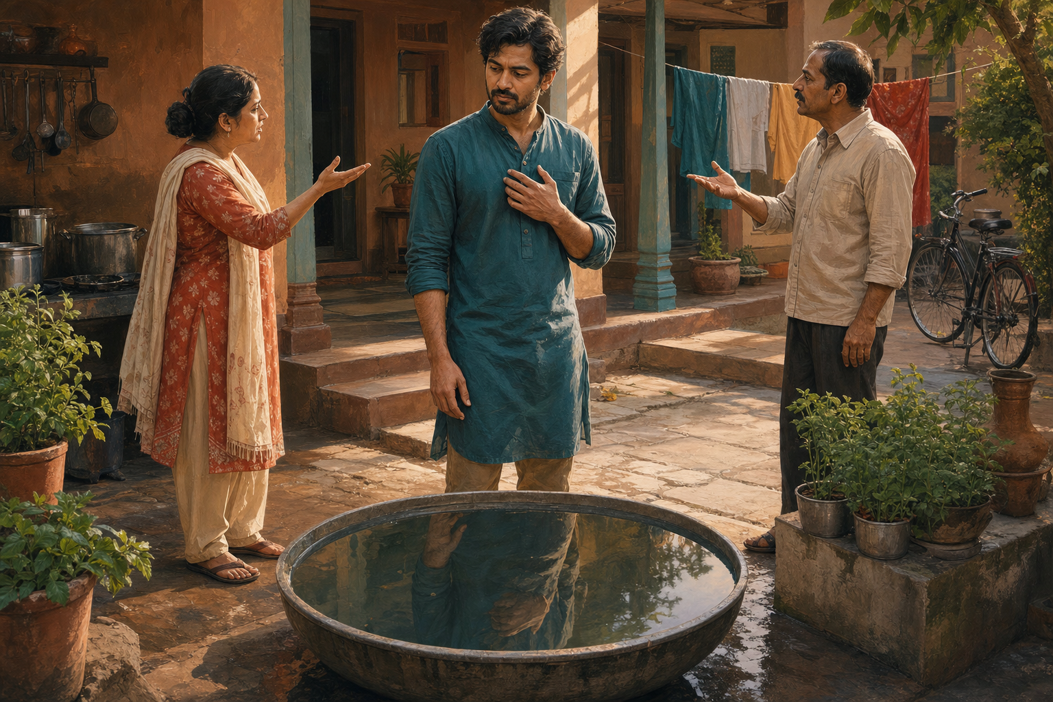 A calm adult pauses during a family discussion in a courtyard while their reflection appears in a shallow basin of water.