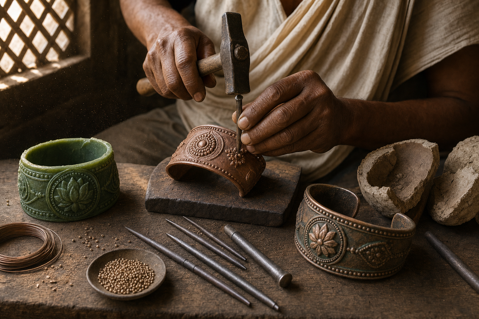Artisan's hands chase details into a copper-alloy armlet beside a wax model, clay casting mold, metalworking tools, and a finished armlet.