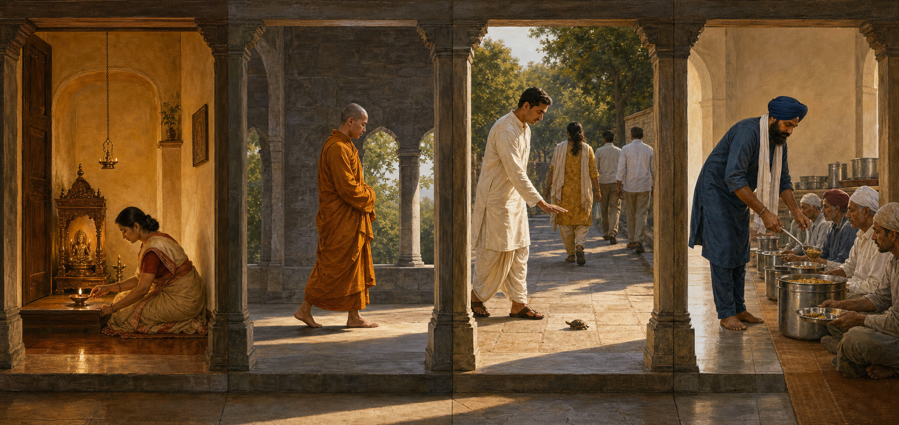 Four separate scenes show a Hindu householder tending a lamp, a Buddhist monastic walking, a Jain practitioner protecting a small creature and a Sikh volunteer serving a communal meal.