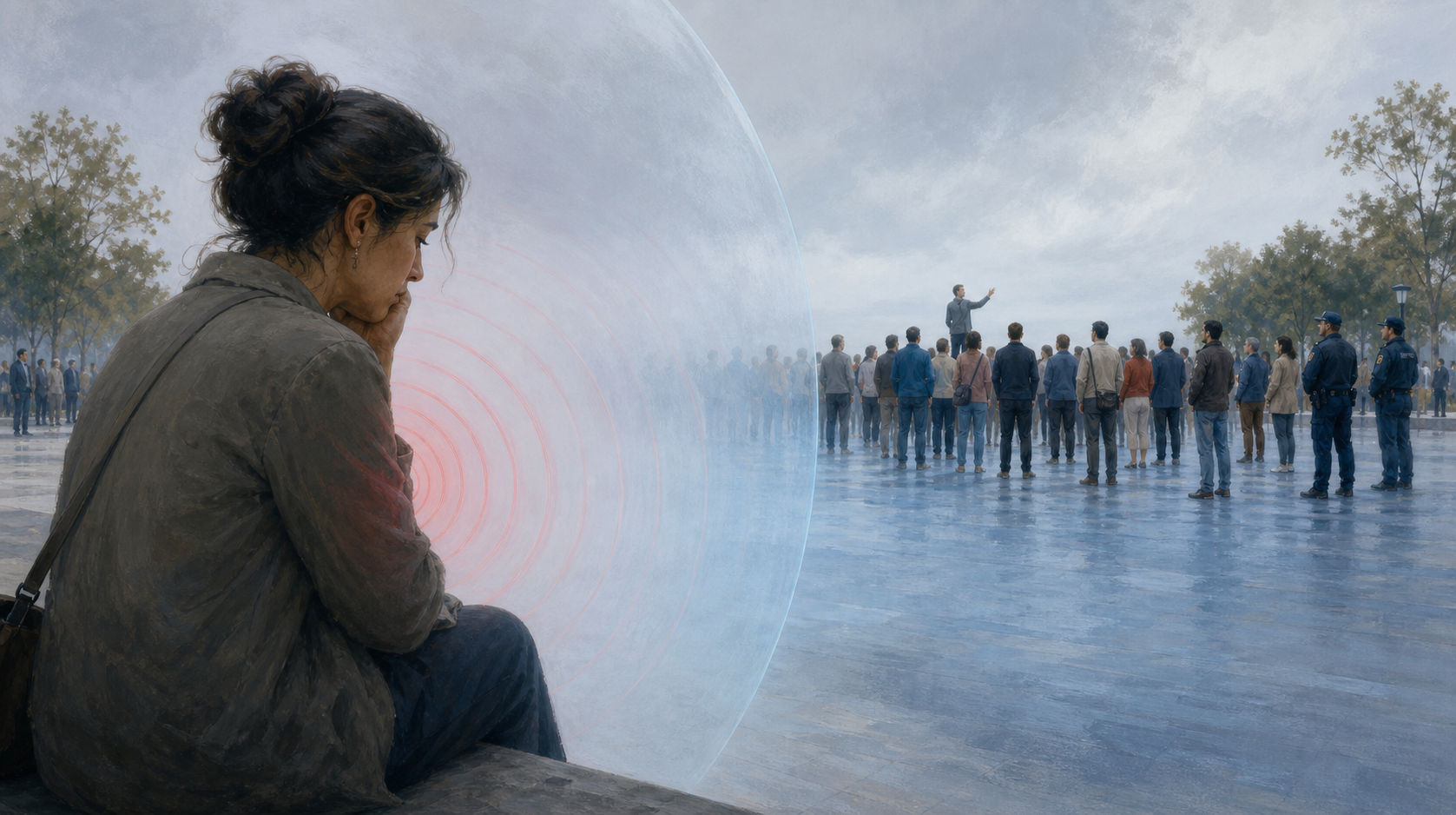 One listener reacts to a distant speaker while a larger crowd remains peaceful, separated by a translucent visual boundary.