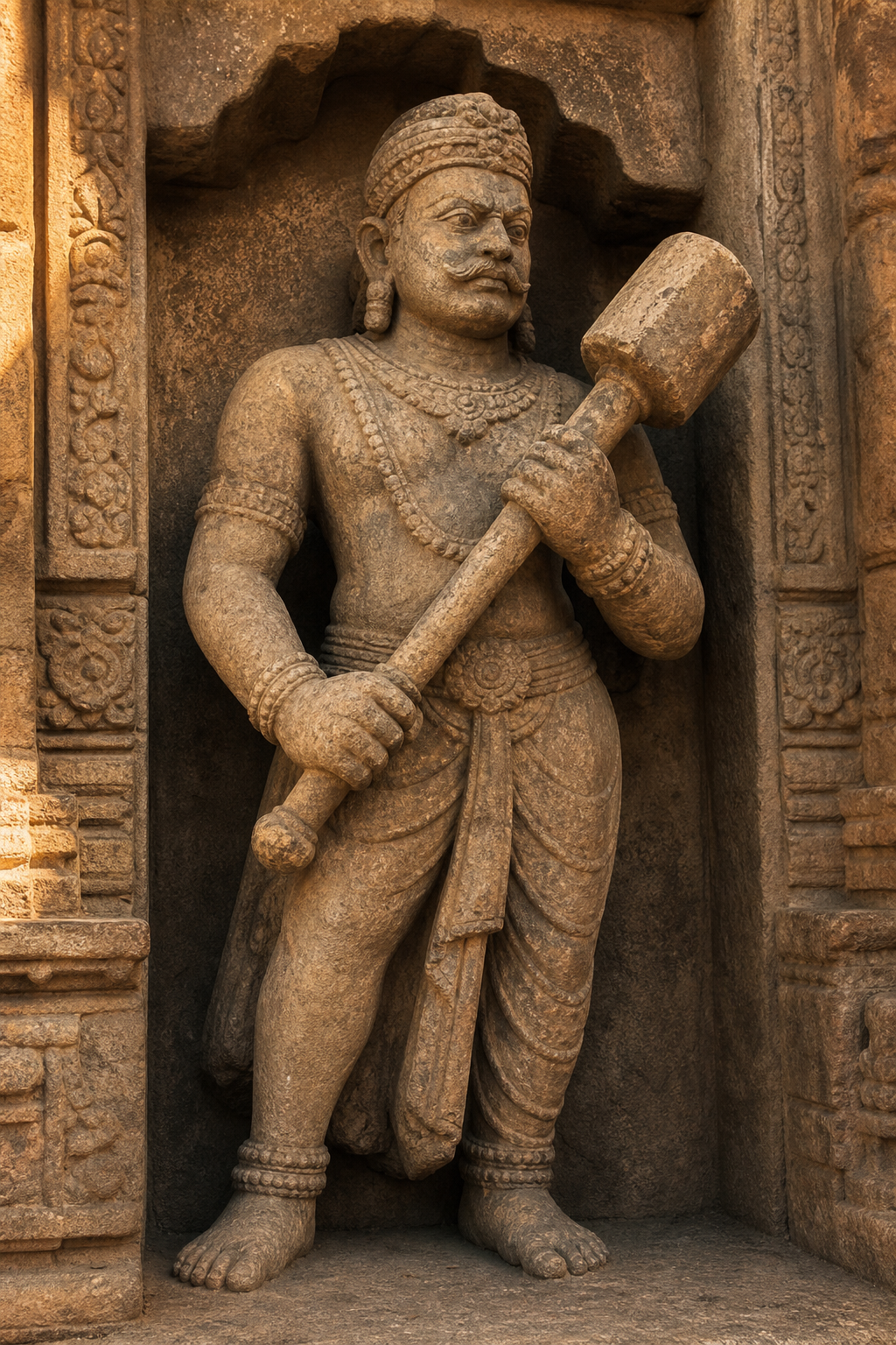 Sandstone temple guardian holding a short, heavy mudgara diagonally across the body at a carved threshold.