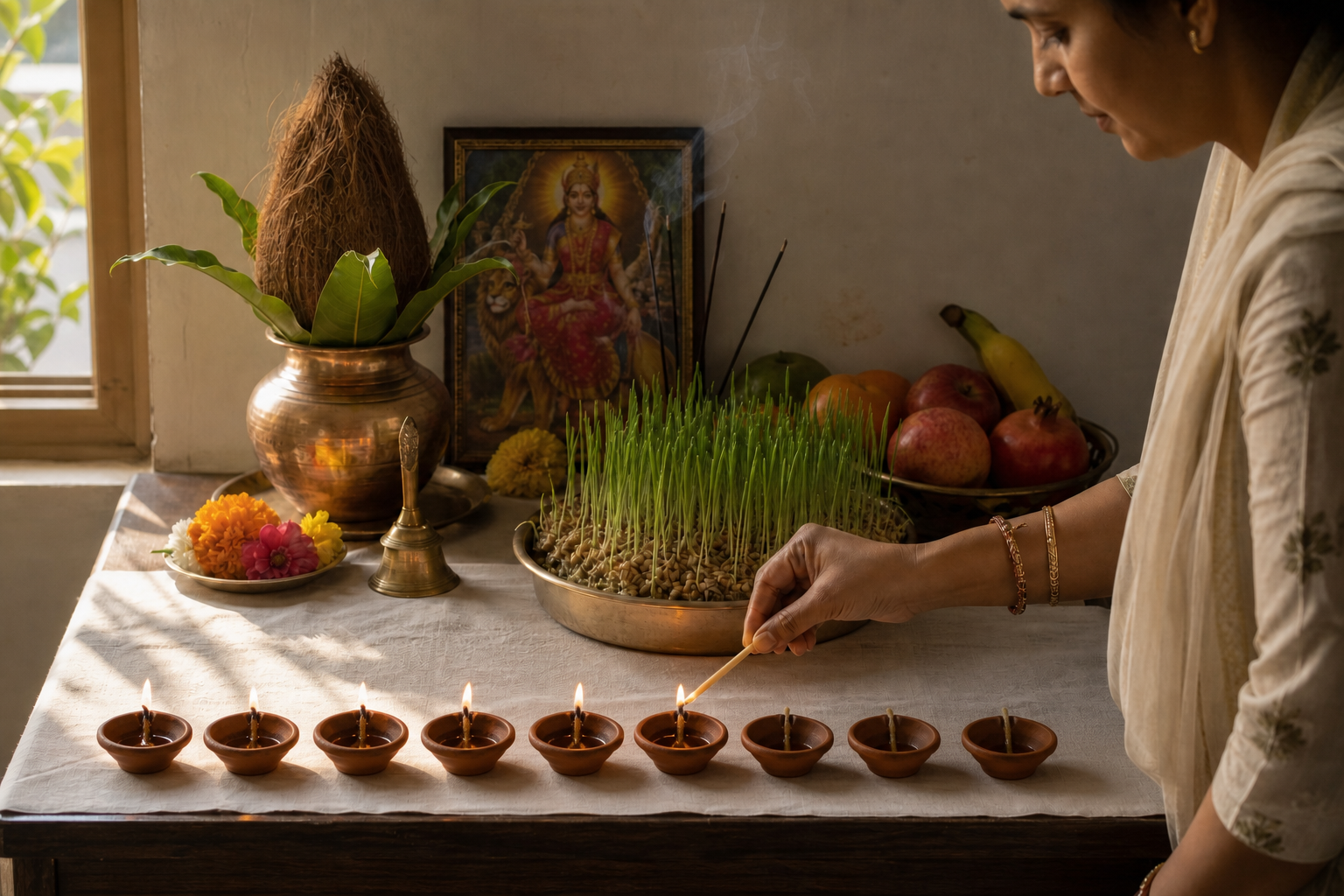 A family member lights a diya at a simple home Navratri shrine with a kalash, flowers, fruit, incense, and sprouting barley.