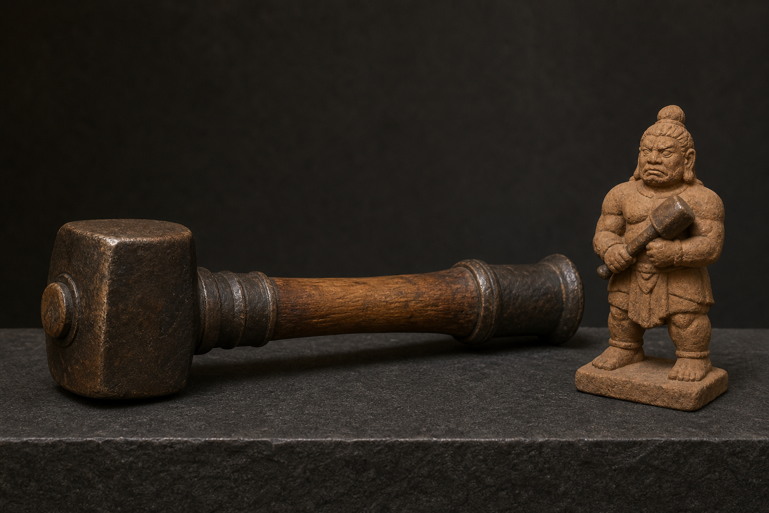 Museum-style study of a mudgara showing its heavy head, short shaft, grip, and a small guardian figure demonstrating its held position.