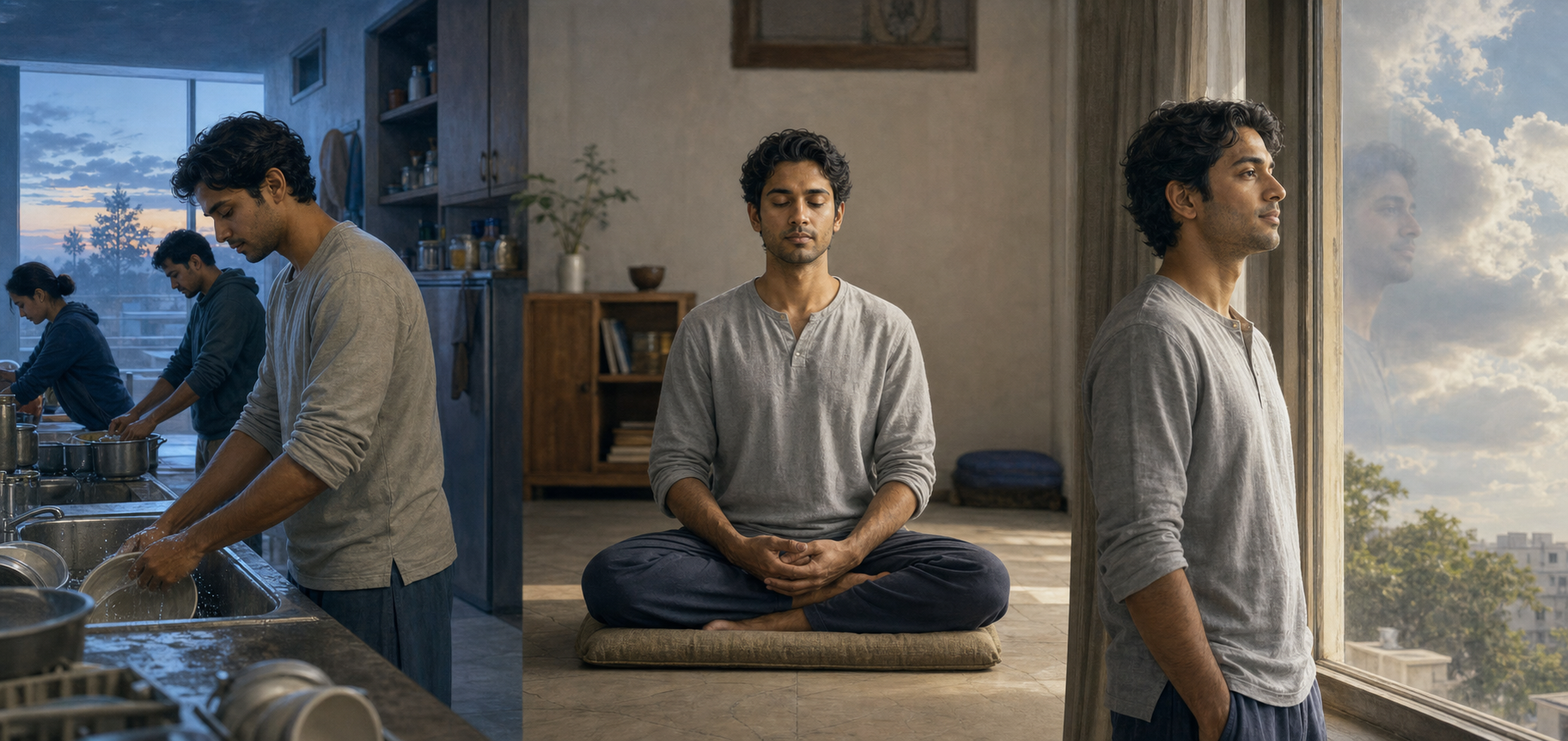 Three connected scenes show one practitioner washing communal dishes, meditating attentively and looking through a window at clouds and a faint reflection.