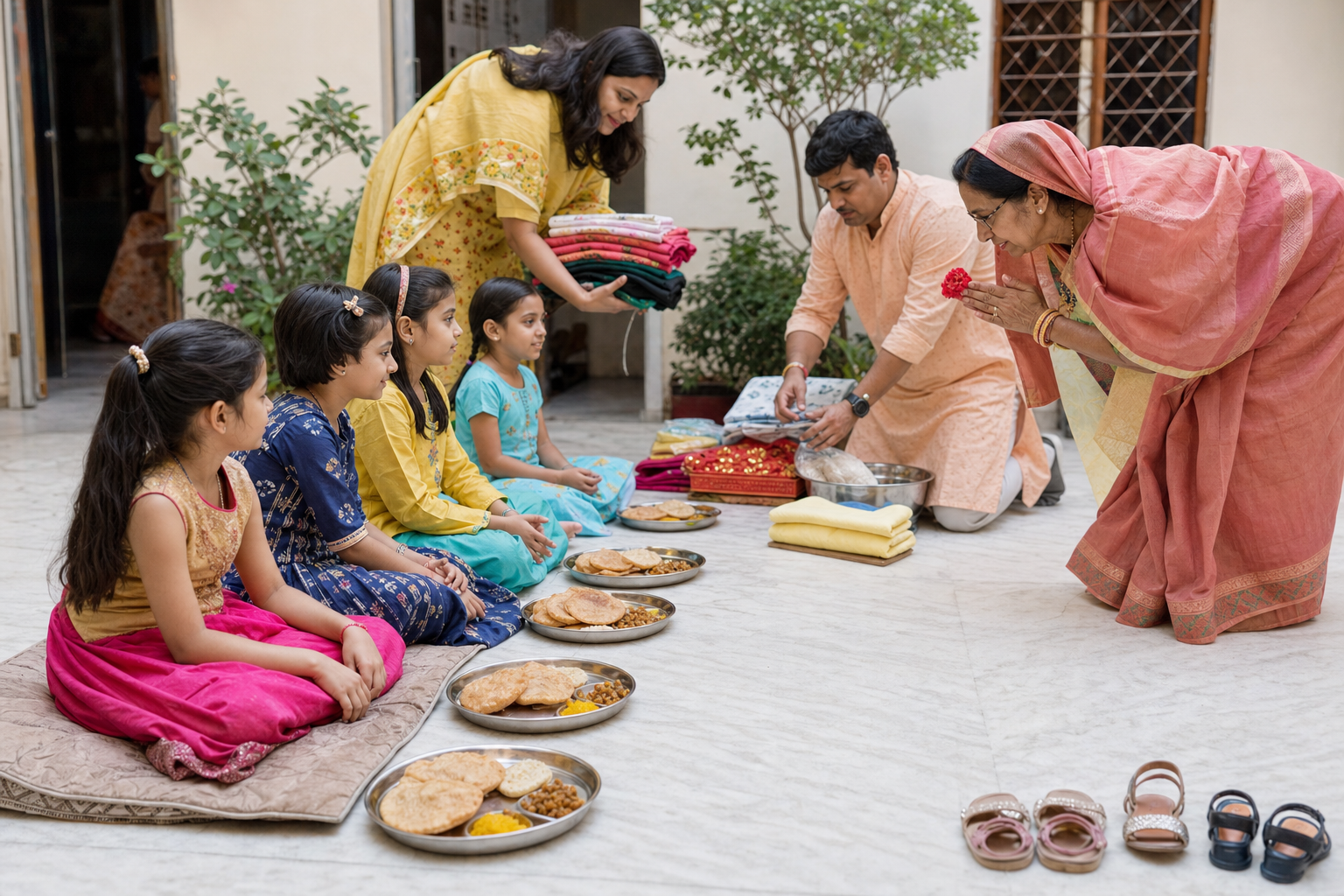 Young girls seated for Kanya Puja receive plates of puri, black chickpeas, and halwa from adult family members in a courtyard.