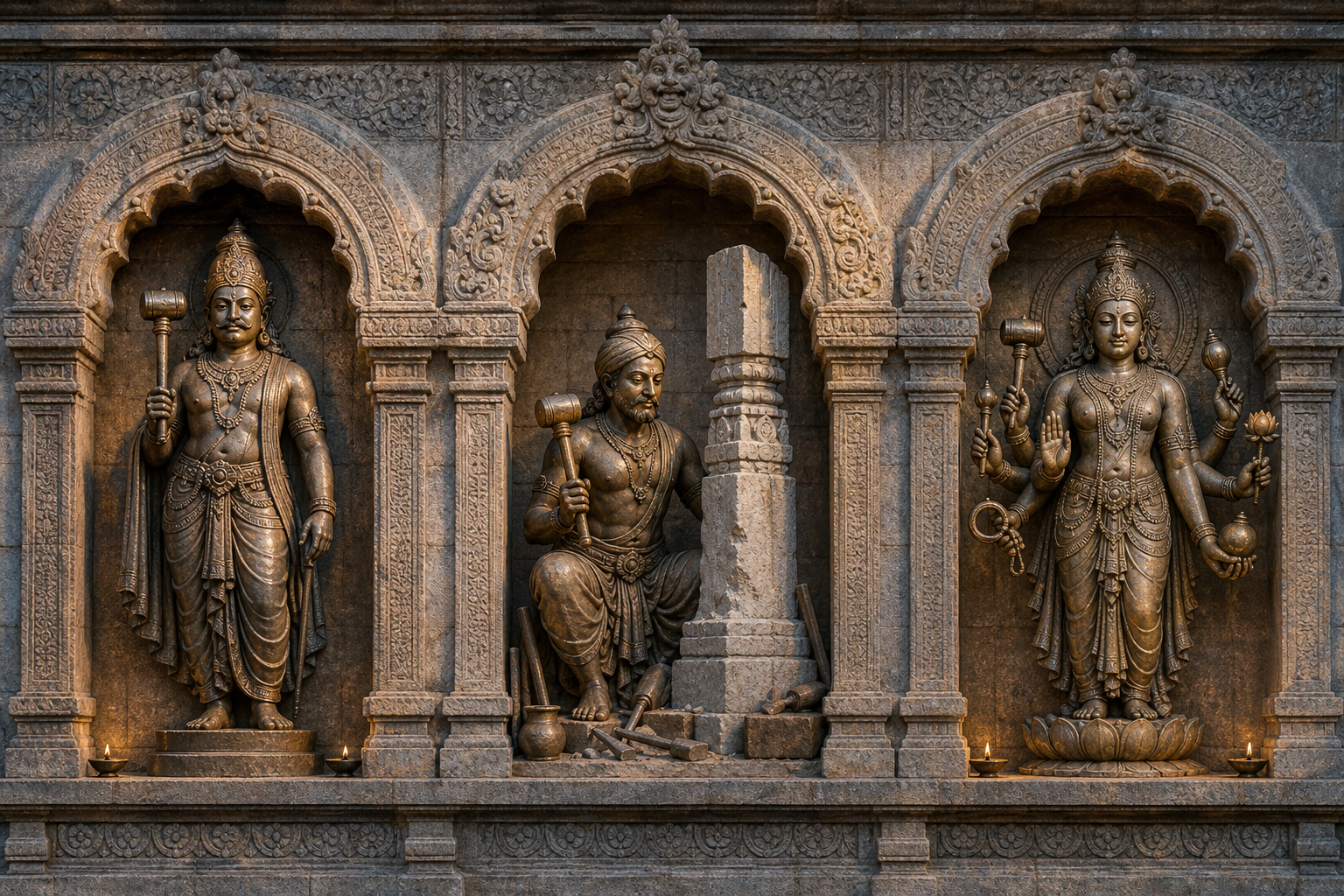 Three temple niches show a guardian, an artisan-associated sacred figure, and a many-armed divine figure each holding the same short mudgara in a different context.