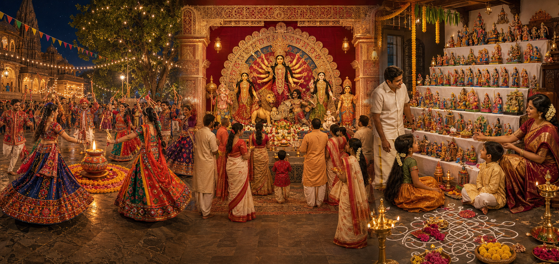 Connected scenes show Gujarati garba around a lamp, Bengali Durga Puja flower offerings, and a South Indian household Golu display.